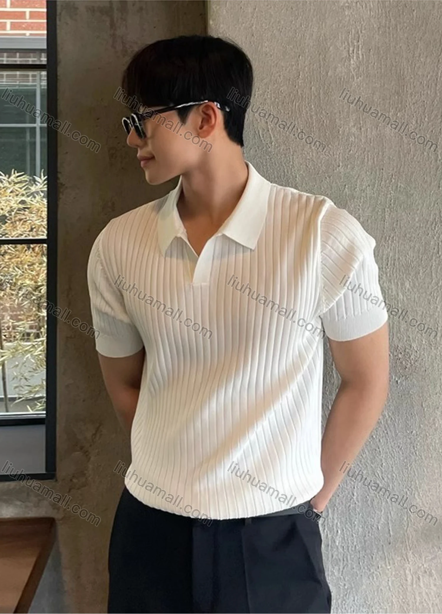 Wholesale Men's Casual Collared Plain Ribbed Short Sleeve T-Shirt - Liuhuamall