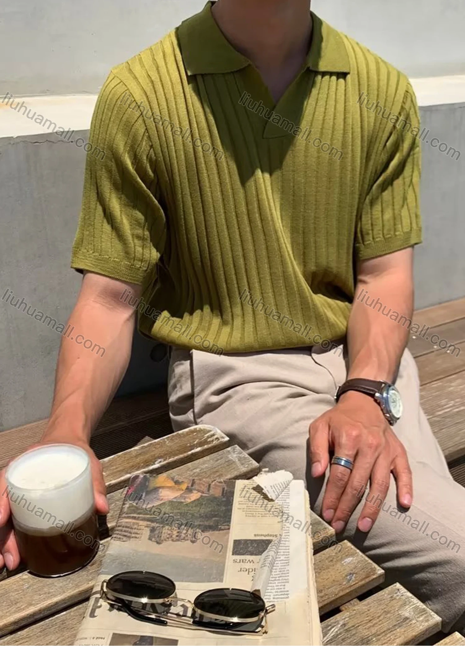 Wholesale Men's Casual Collared Plain Ribbed Short Sleeve T-Shirt - Liuhuamall