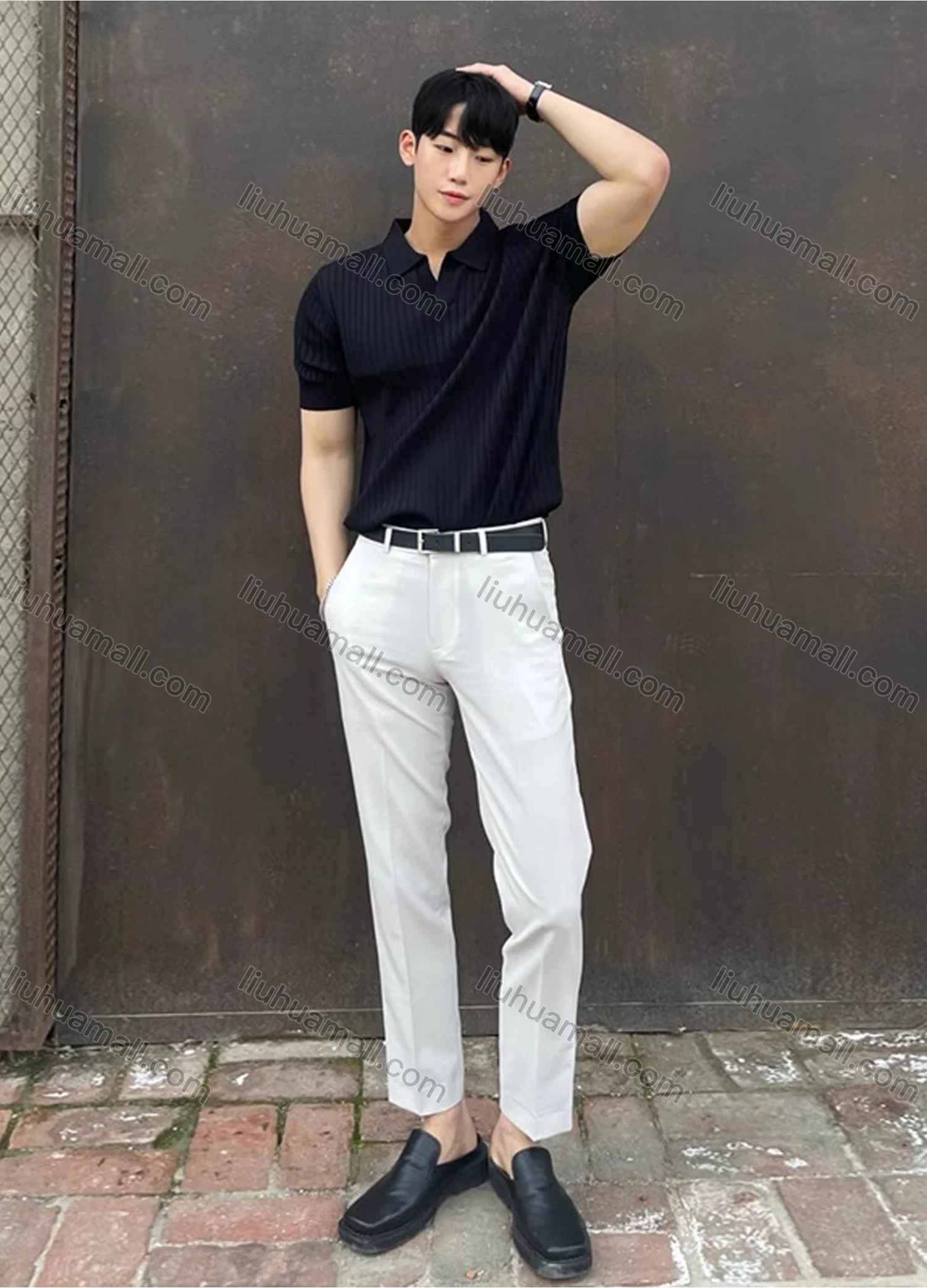 Wholesale Men's Casual Collared Plain Ribbed Short Sleeve T-Shirt - Liuhuamall