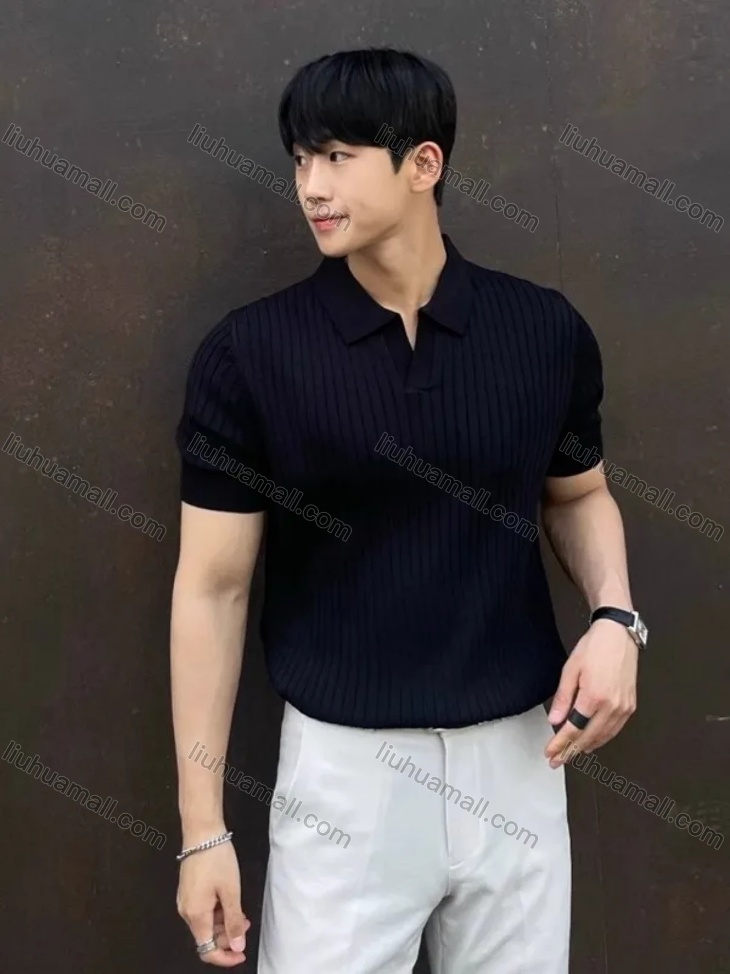Wholesale Men's Casual Collared Plain Ribbed Short Sleeve T-Shirt - Liuhuamall