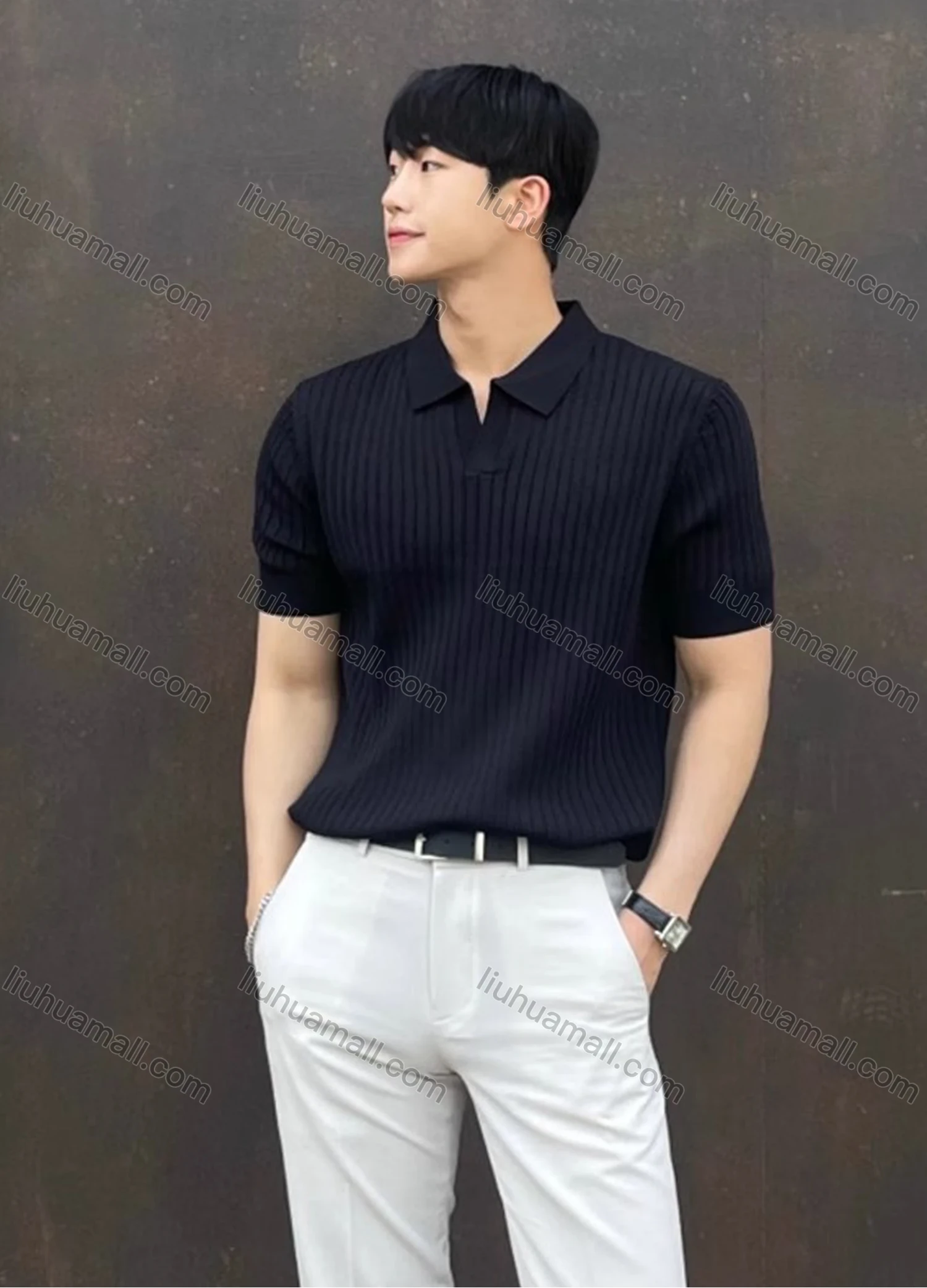 Wholesale Men's Casual Collared Plain Ribbed Short Sleeve T-Shirt - Liuhuamall