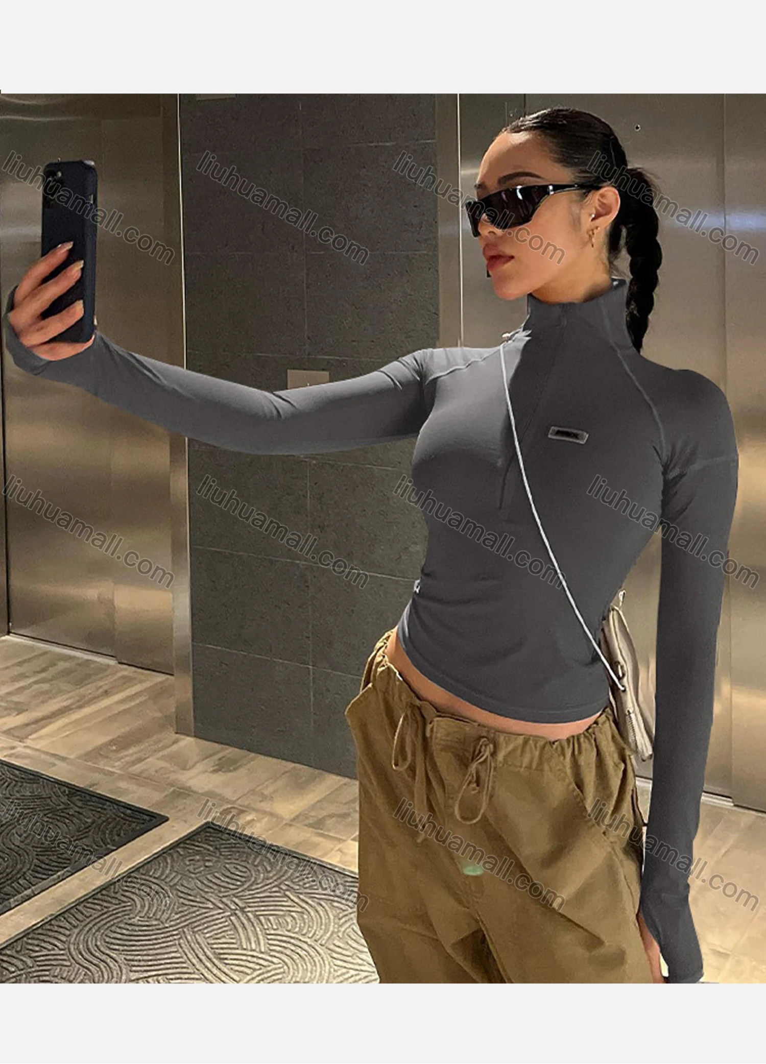 Wholesale Women's Sports Plain Quarter Zip Bodycon Crop Top - Liuhuamall