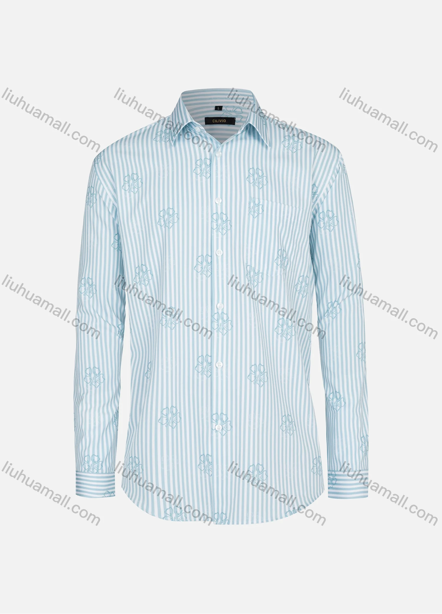 Wholesale Men's Casual Collared Striped Floral Print Patch Pocket Button Down Long Sleeve Shirt - Liuhuamall