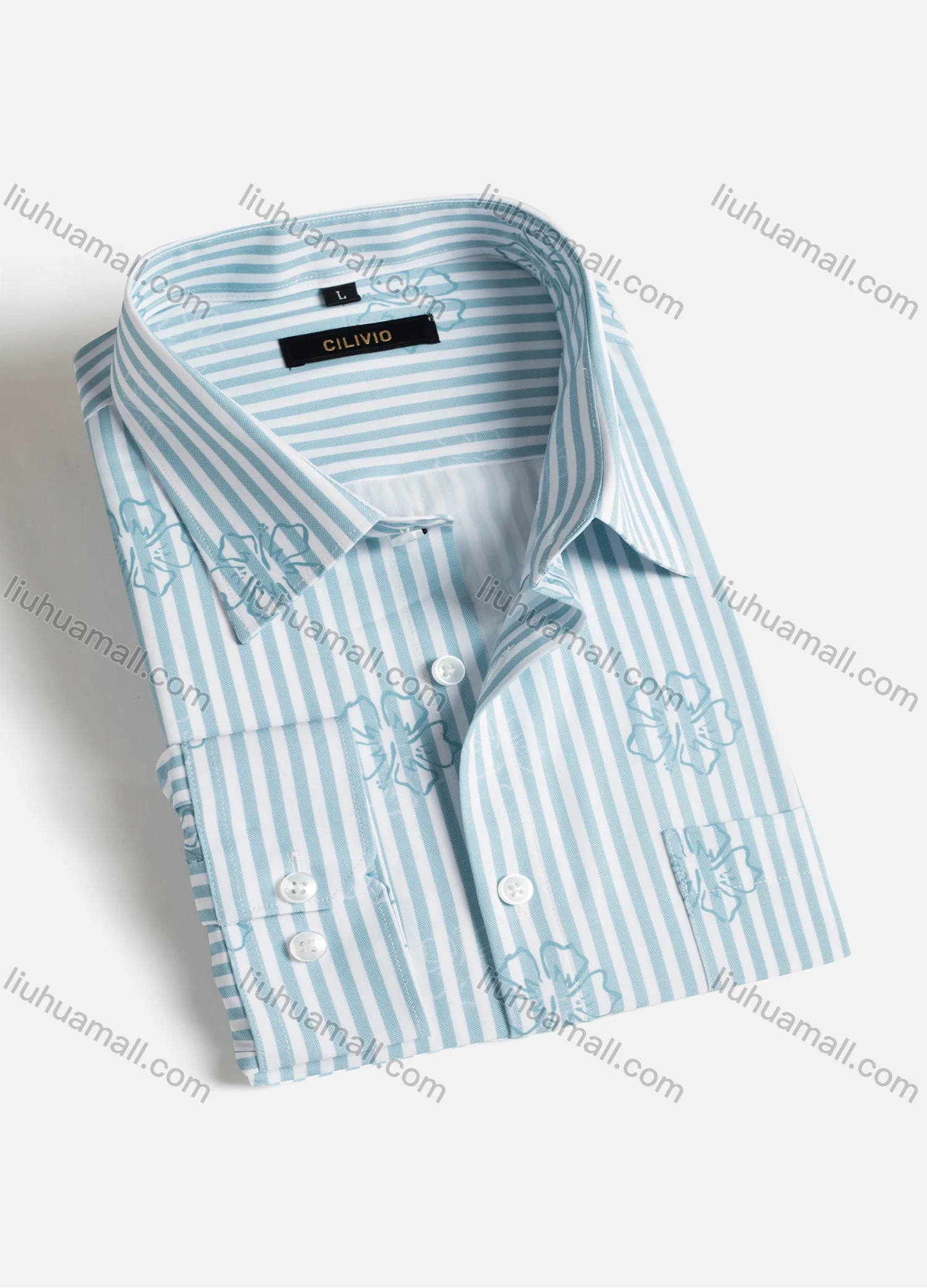 Wholesale Men's Casual Collared Striped Floral Print Patch Pocket Button Down Long Sleeve Shirt - Liuhuamall