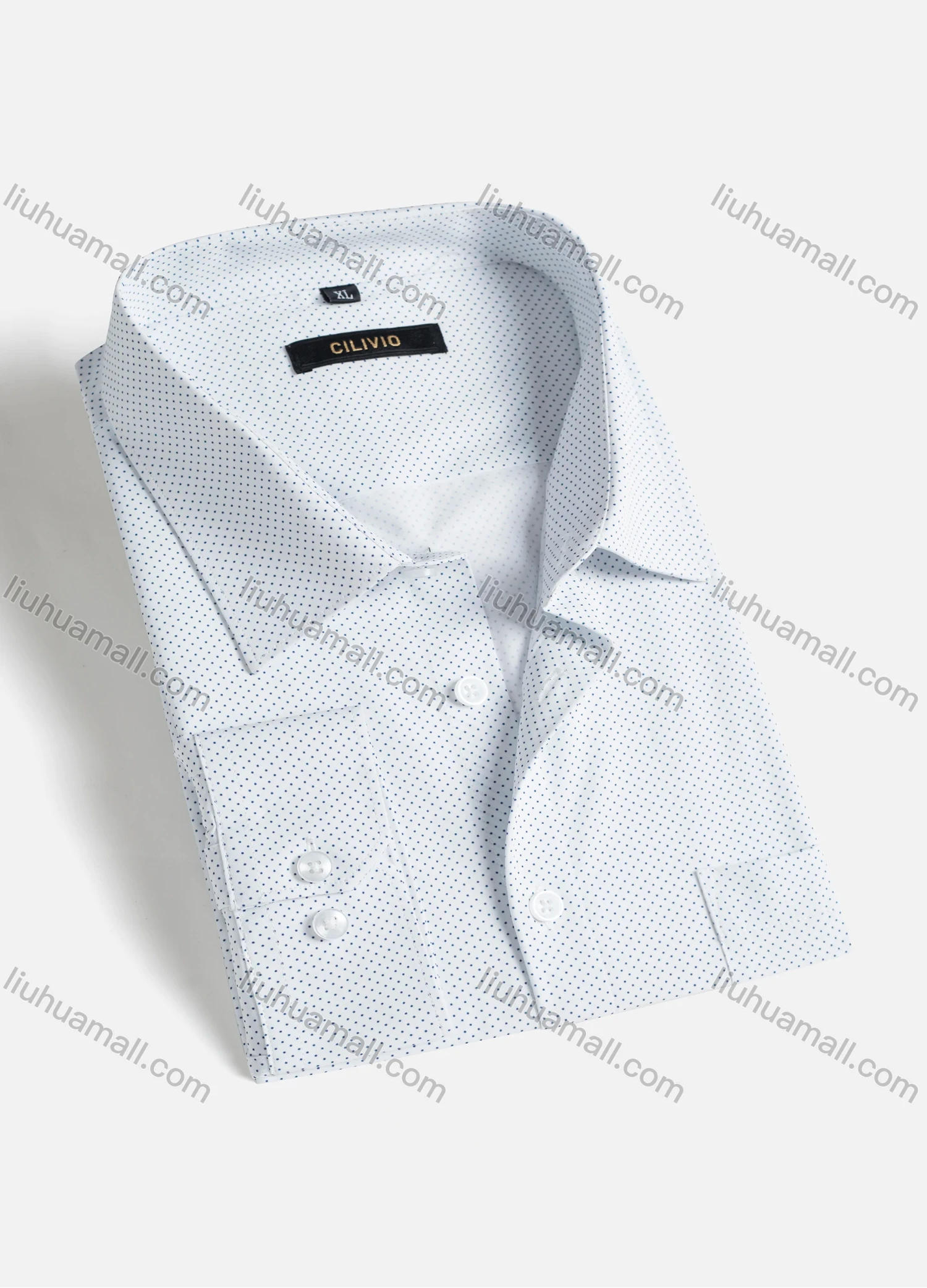 Wholesale Men's Casual Collared Pin Dot Print Patch Pocket Button Down Curved Hem Long Sleeve Shirt - Liuhuamall