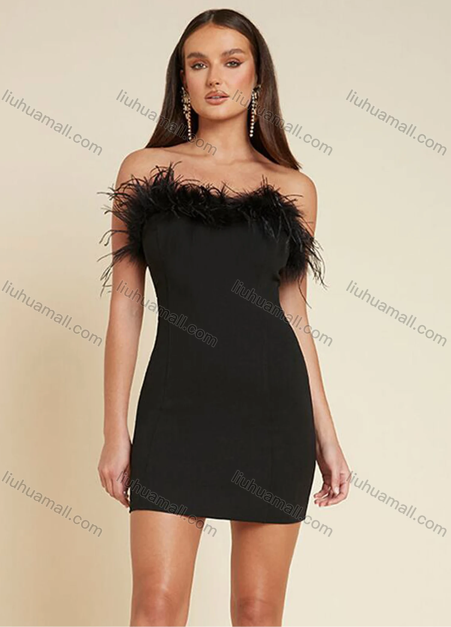 Wholesale Women's Sexy Off Shoulder Feahter Trim Mini Evening Dress - Liuhuamall