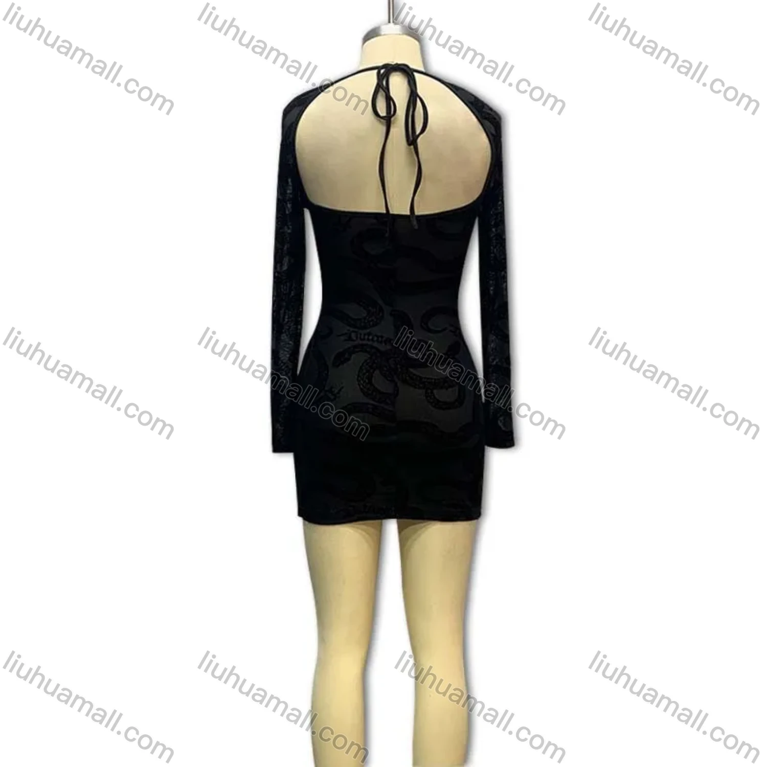 Wholesale Women's Sexy Square Neck Lace Sleeve Open Back Lace Up Cut Out Mini Dress - Liuhuamall