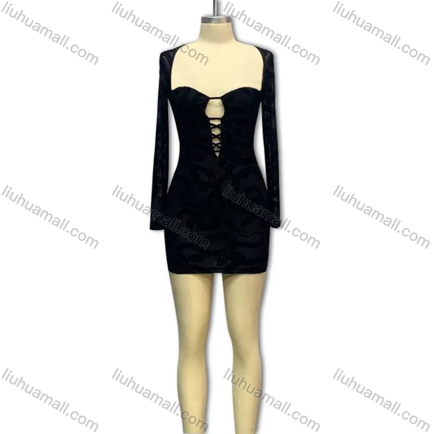 Wholesale Women's Sexy Square Neck Lace Sleeve Open Back Lace Up Cut Out Mini Dress - Liuhuamall