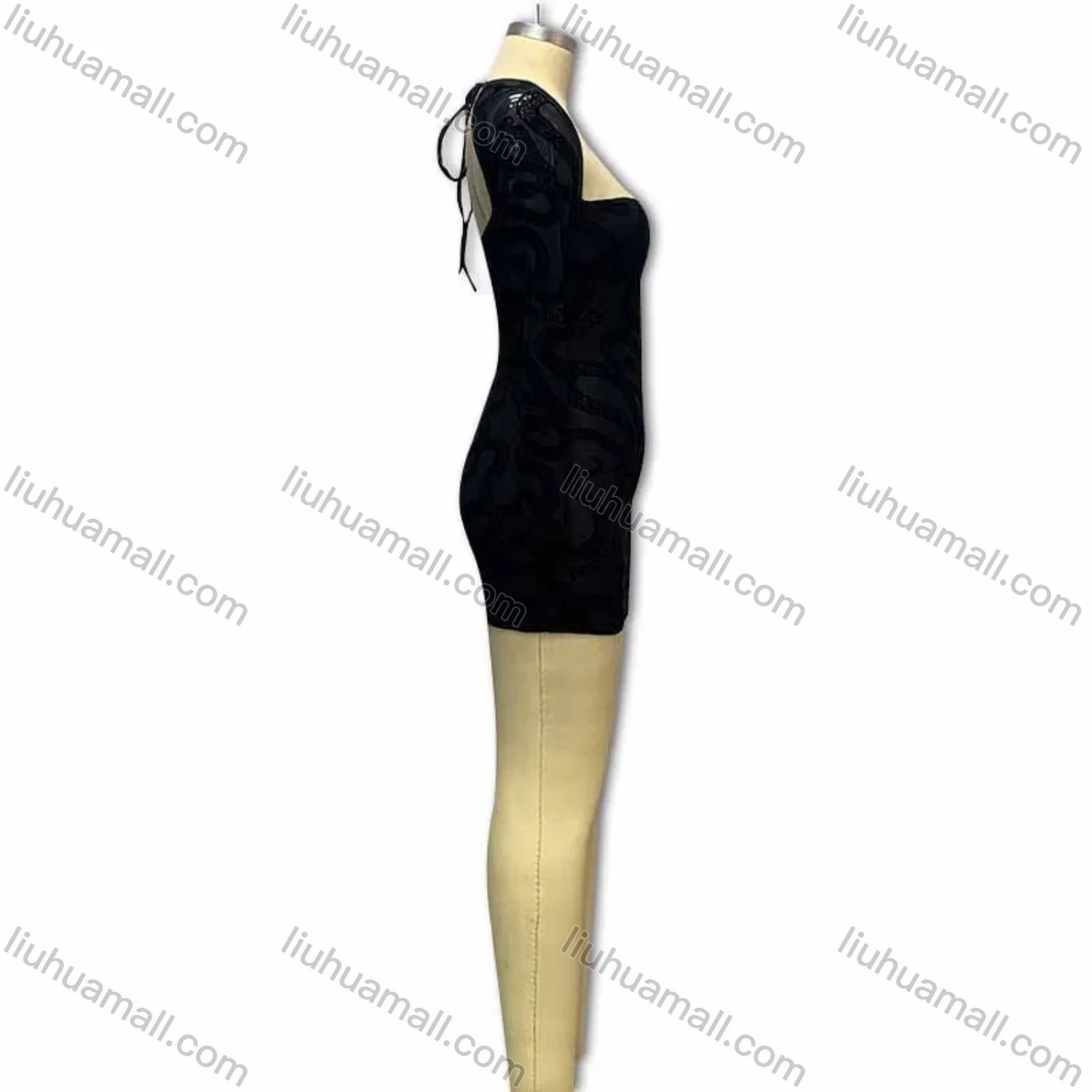 Wholesale Women's Sexy Square Neck Lace Sleeve Open Back Lace Up Cut Out Mini Dress - Liuhuamall