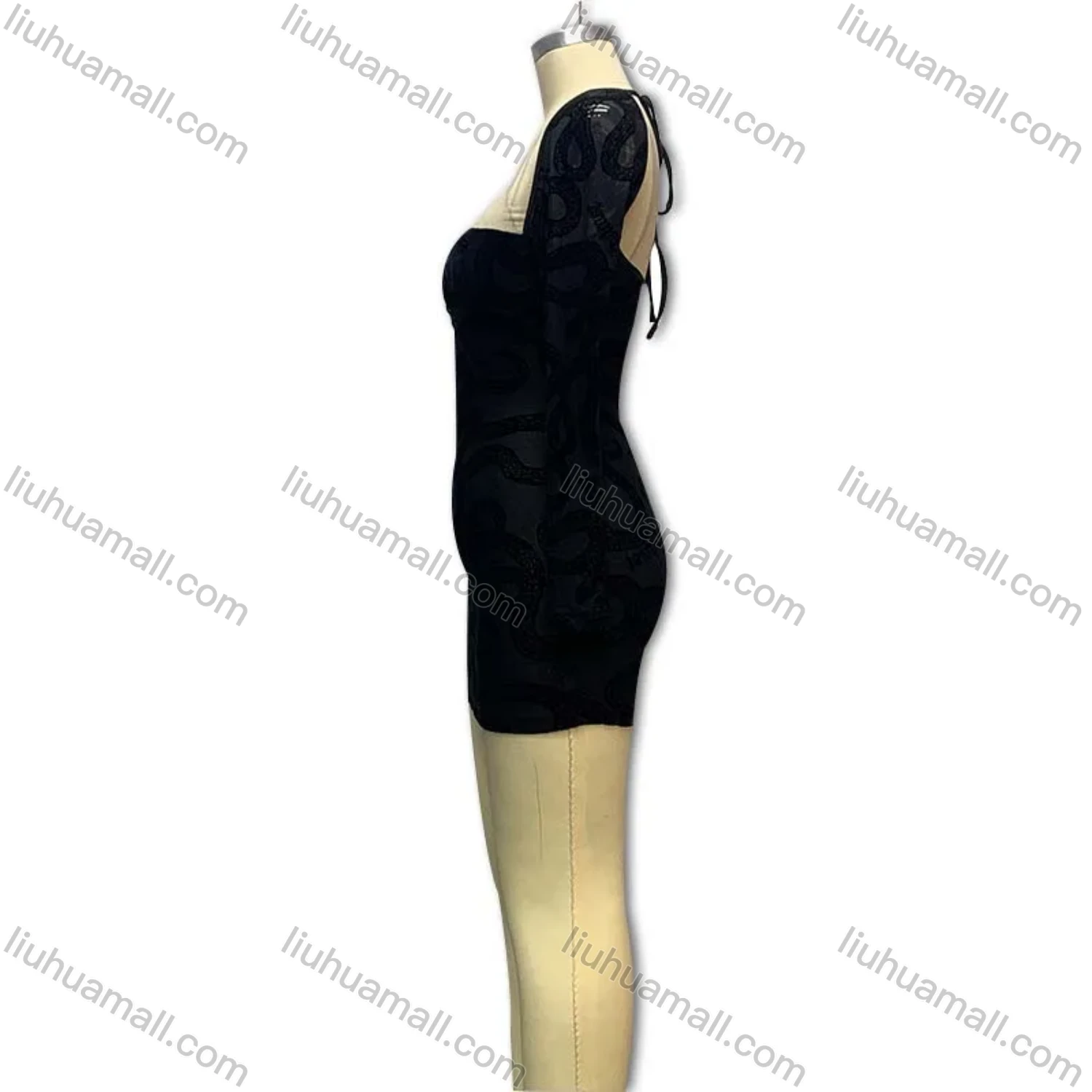 Wholesale Women's Sexy Square Neck Lace Sleeve Open Back Lace Up Cut Out Mini Dress - Liuhuamall