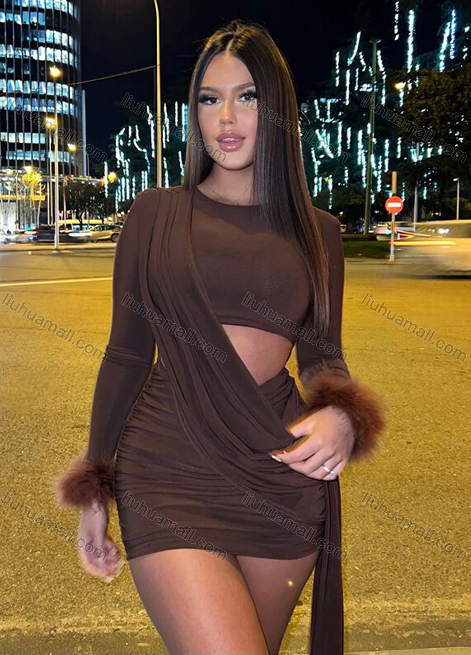 Wholesale Women's Elegant Crew Neck Long Sleeve Ruched Cut Out Splicing Mini Evening Dress - Liuhuamall