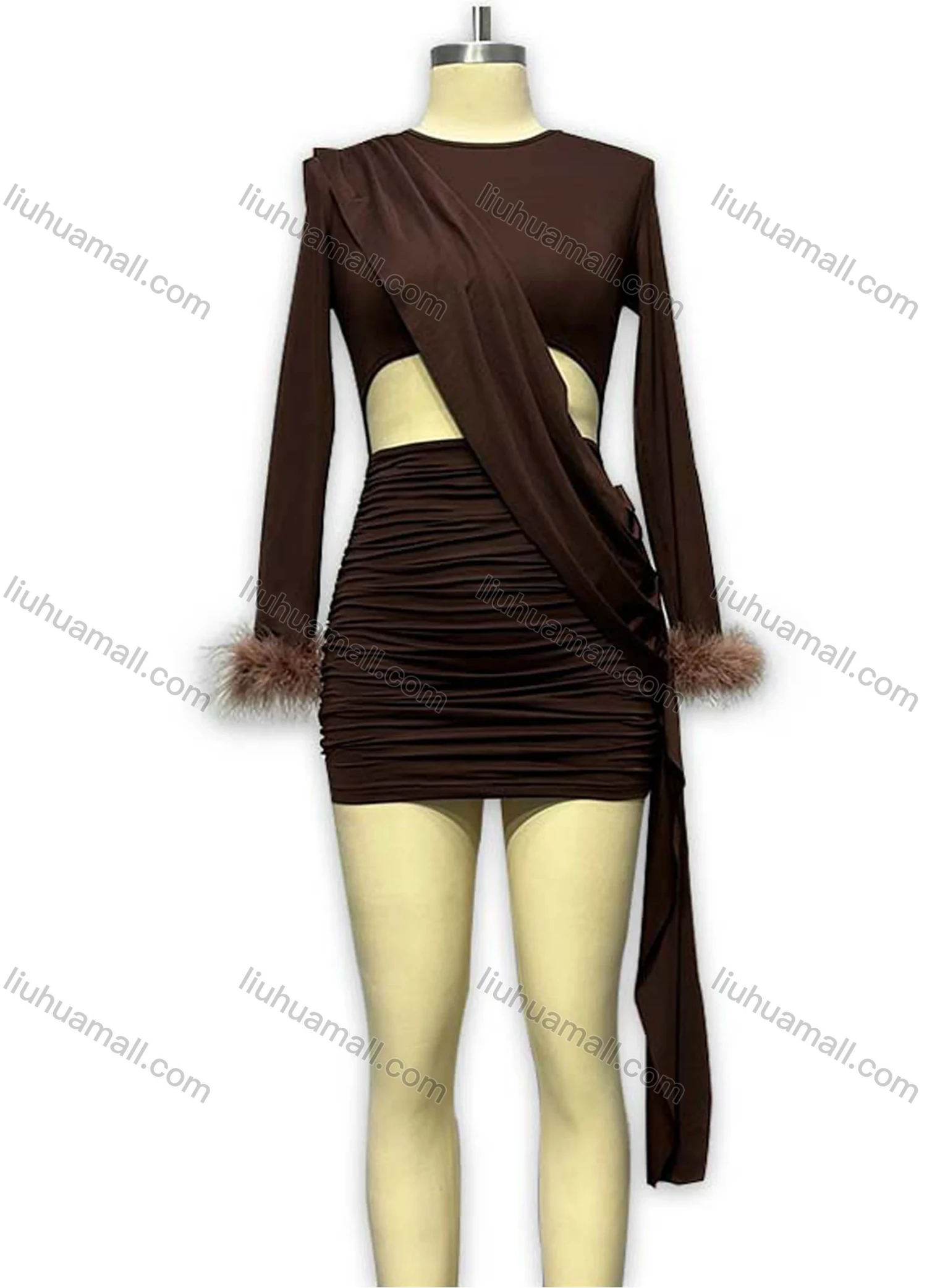 Wholesale Women's Elegant Crew Neck Long Sleeve Ruched Cut Out Splicing Mini Evening Dress - Liuhuamall