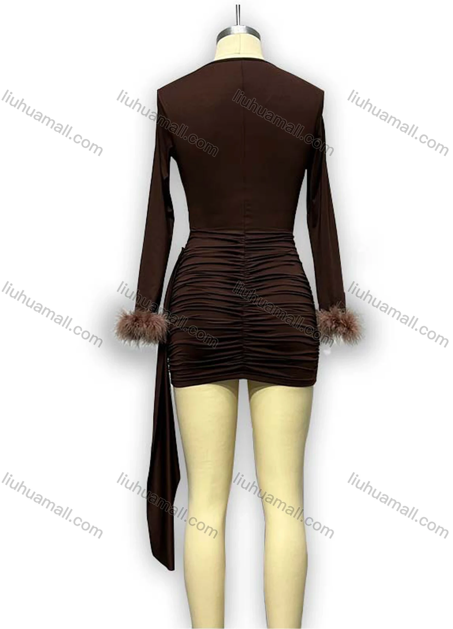 Wholesale Women's Elegant Crew Neck Long Sleeve Ruched Cut Out Splicing Mini Evening Dress - Liuhuamall