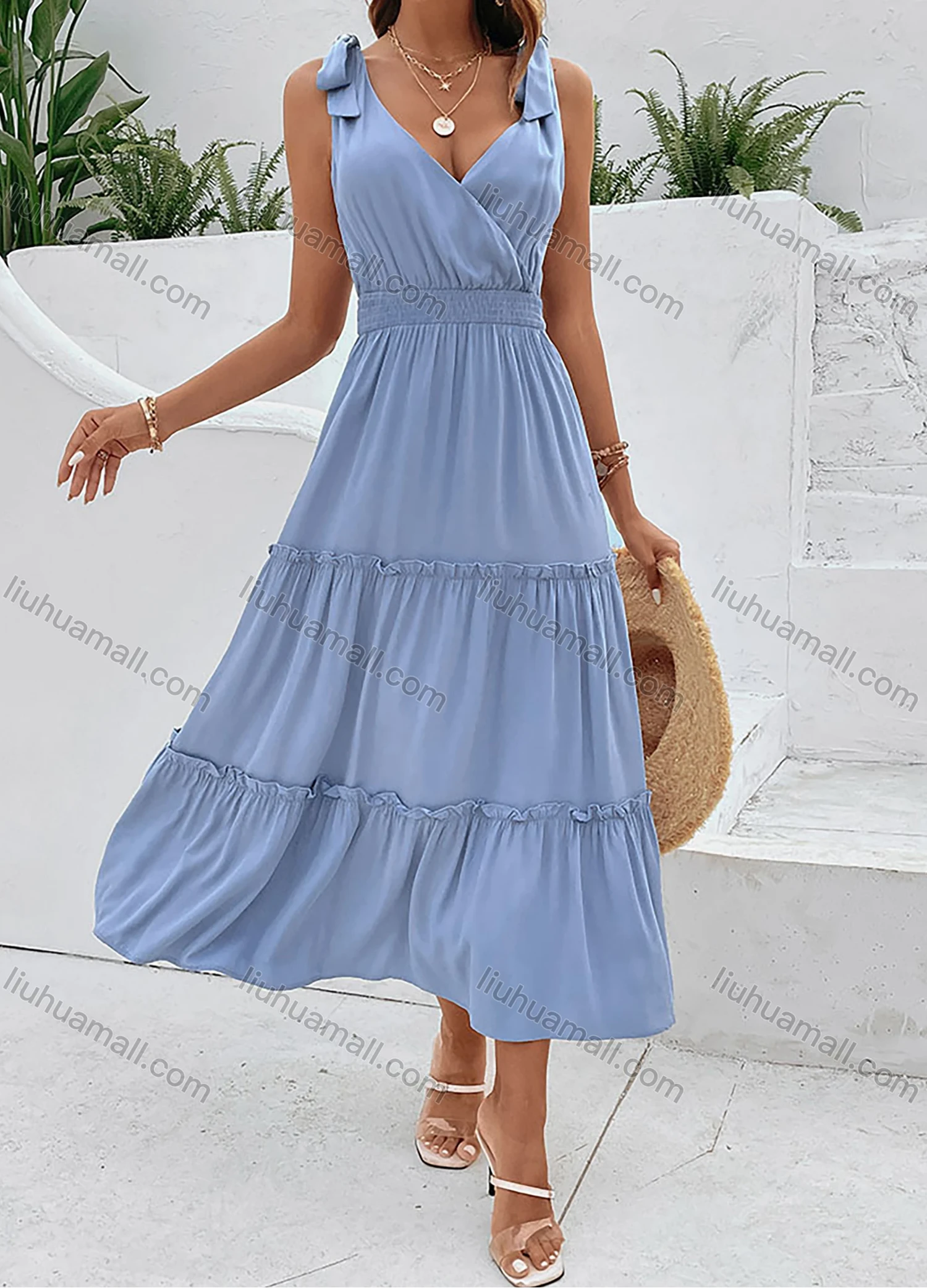 Wholesale Women's Elegant Plain Wrap V Neck Shirred Ruched Ruffle Hem Lace Up Tank Maxi Dress - Liuhuamall