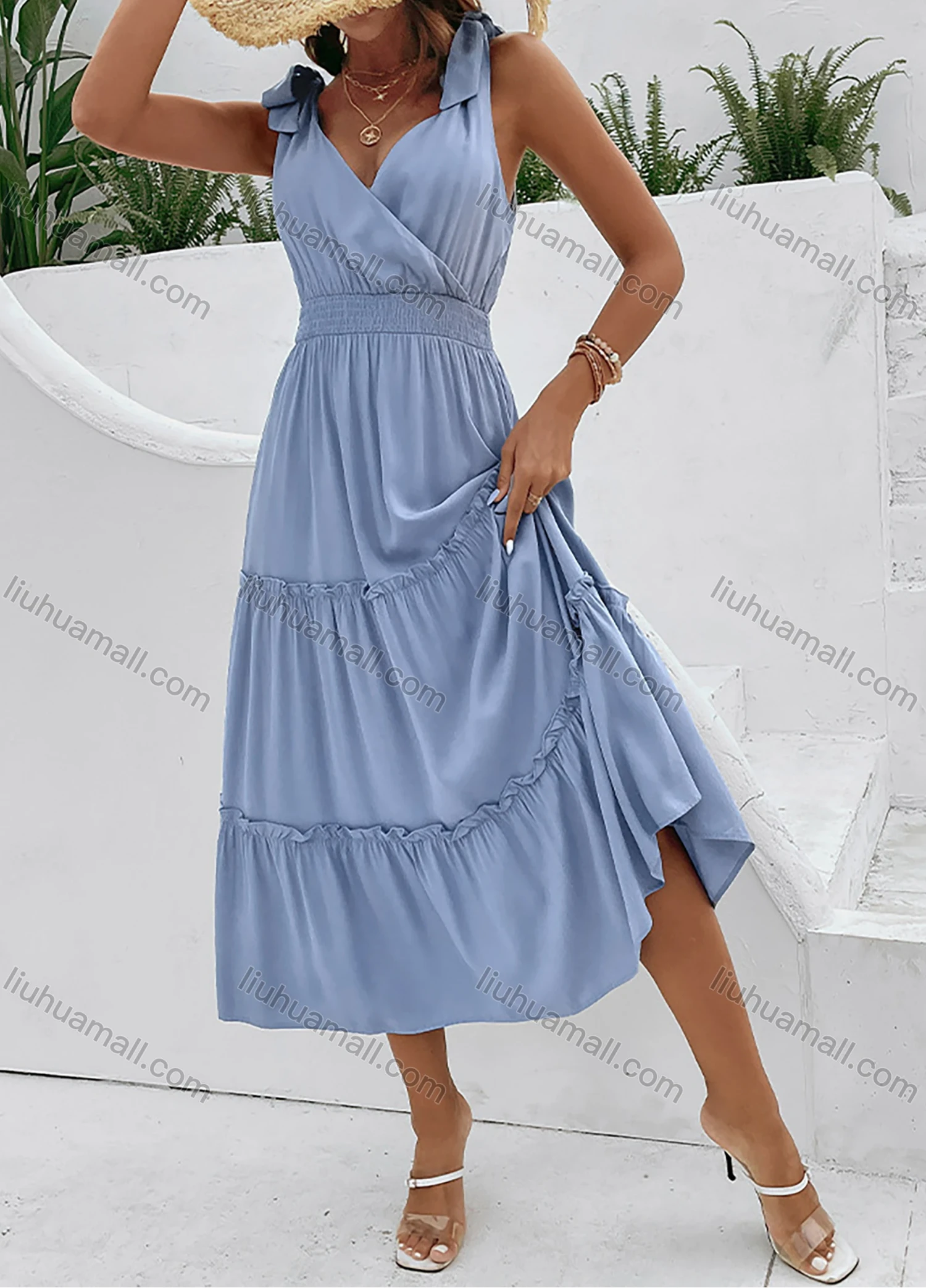 Wholesale Women's Elegant Plain Wrap V Neck Shirred Ruched Ruffle Hem Lace Up Tank Maxi Dress - Liuhuamall