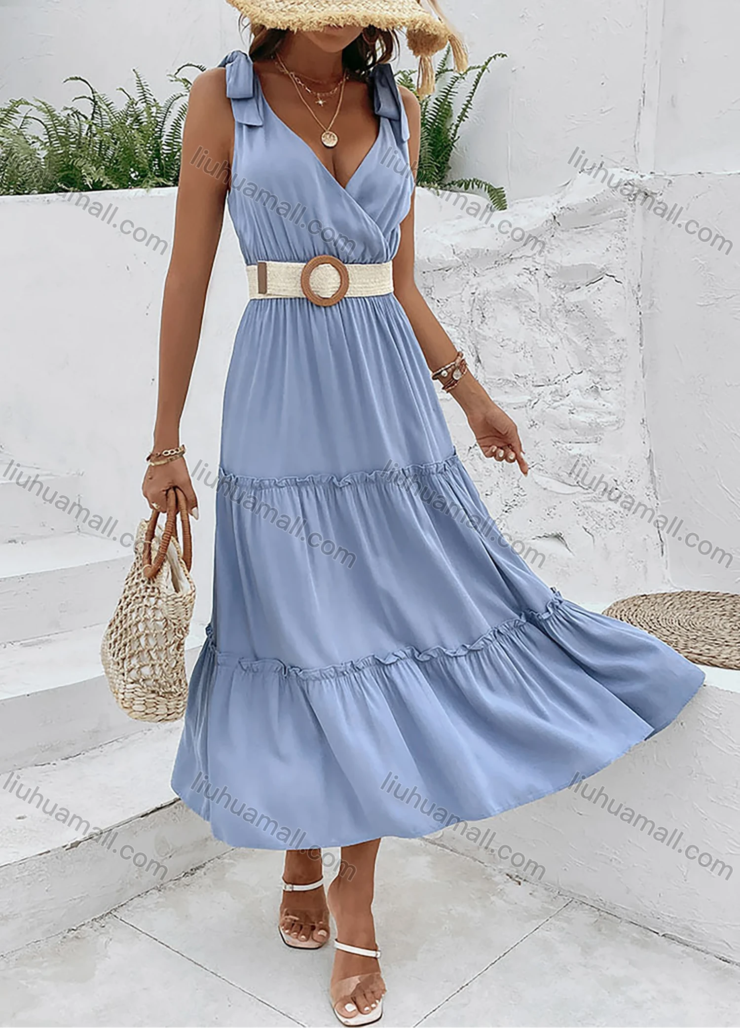 Wholesale Women's Elegant Plain Wrap V Neck Shirred Ruched Ruffle Hem Lace Up Tank Maxi Dress - Liuhuamall