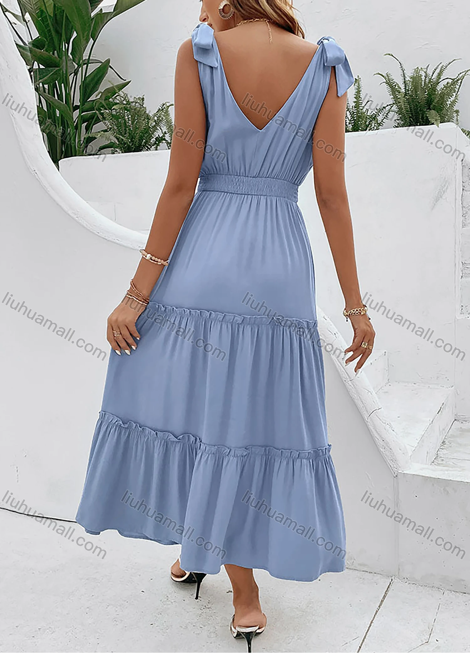 Wholesale Women's Elegant Plain Wrap V Neck Shirred Ruched Ruffle Hem Lace Up Tank Maxi Dress - Liuhuamall