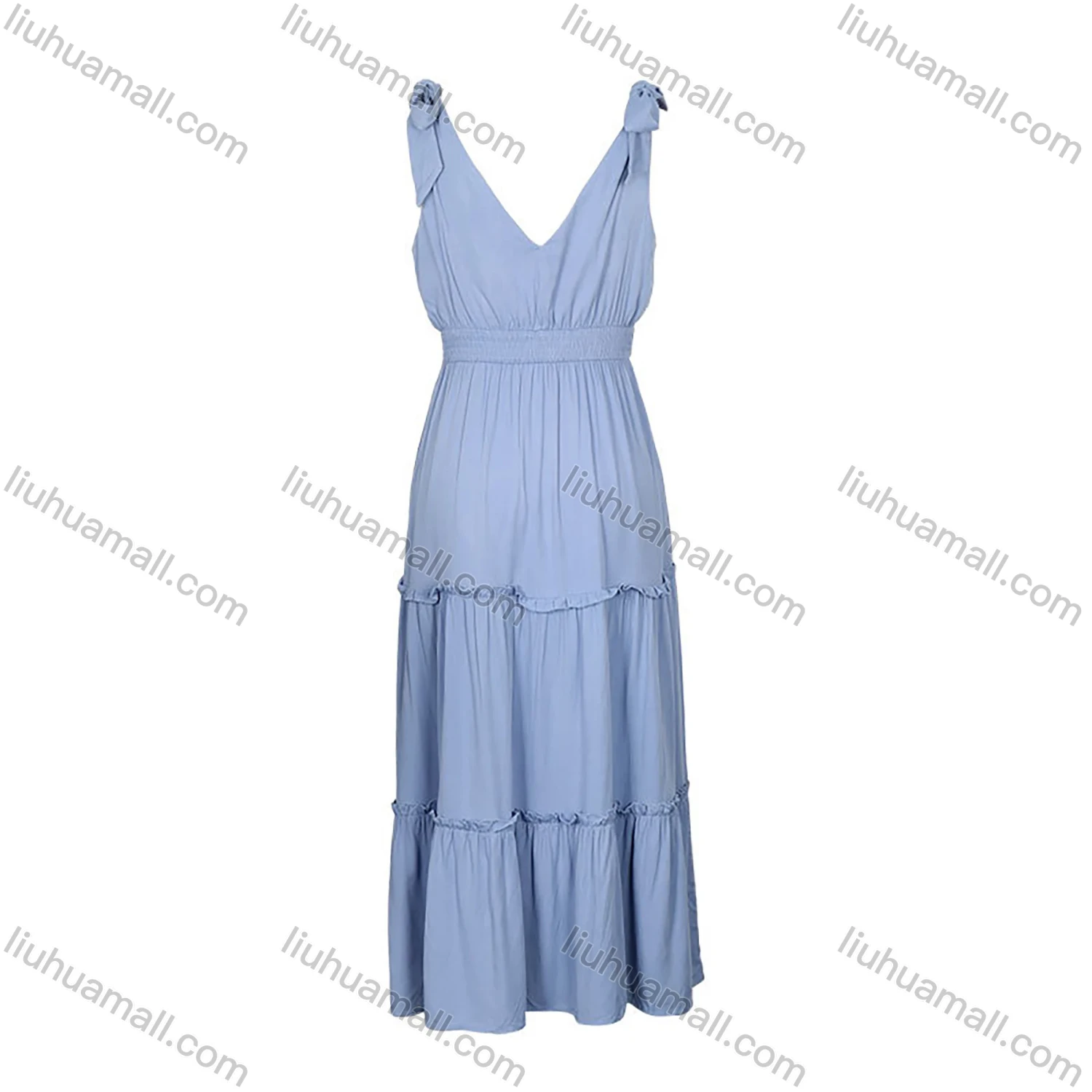 Wholesale Women's Elegant Plain Wrap V Neck Shirred Ruched Ruffle Hem Lace Up Tank Maxi Dress - Liuhuamall