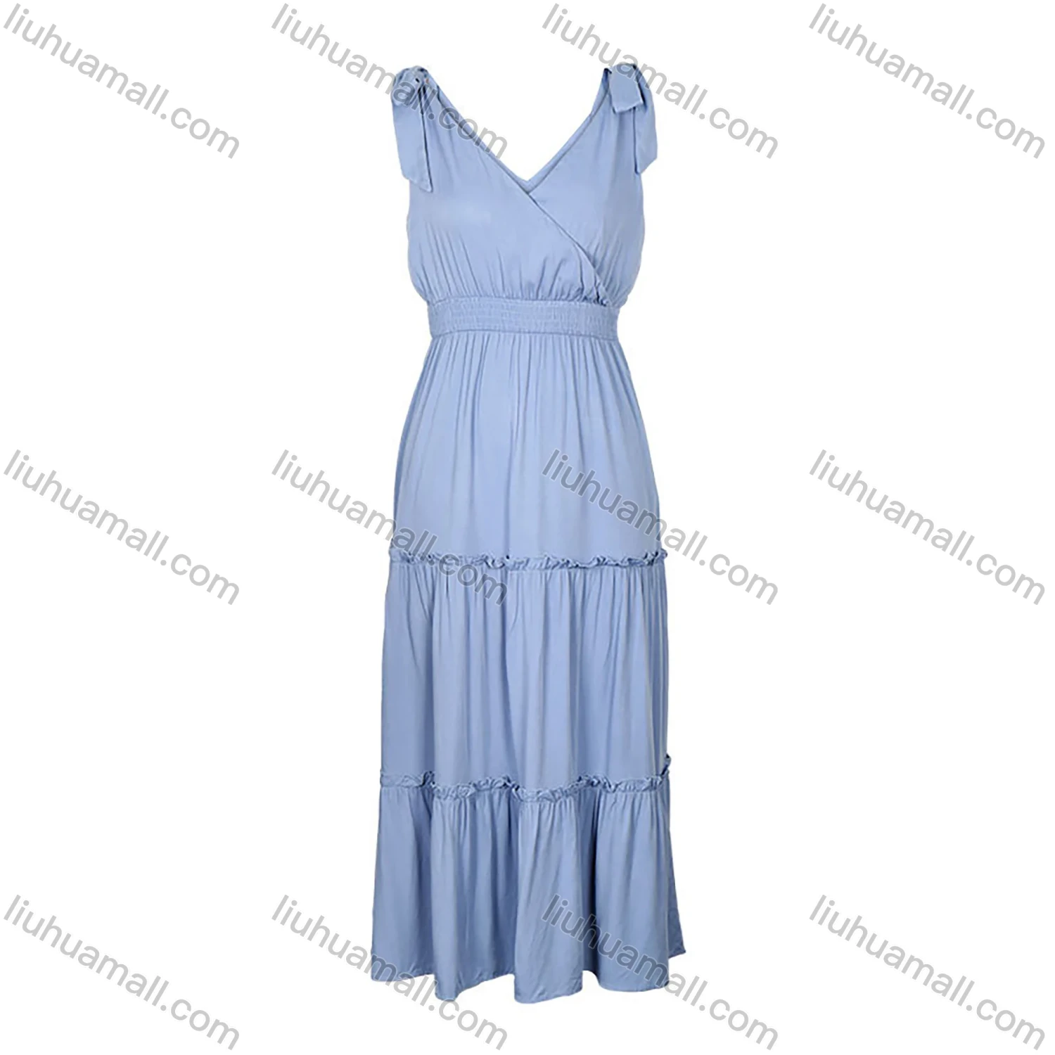 Wholesale Women's Elegant Plain Wrap V Neck Shirred Ruched Ruffle Hem Lace Up Tank Maxi Dress - Liuhuamall