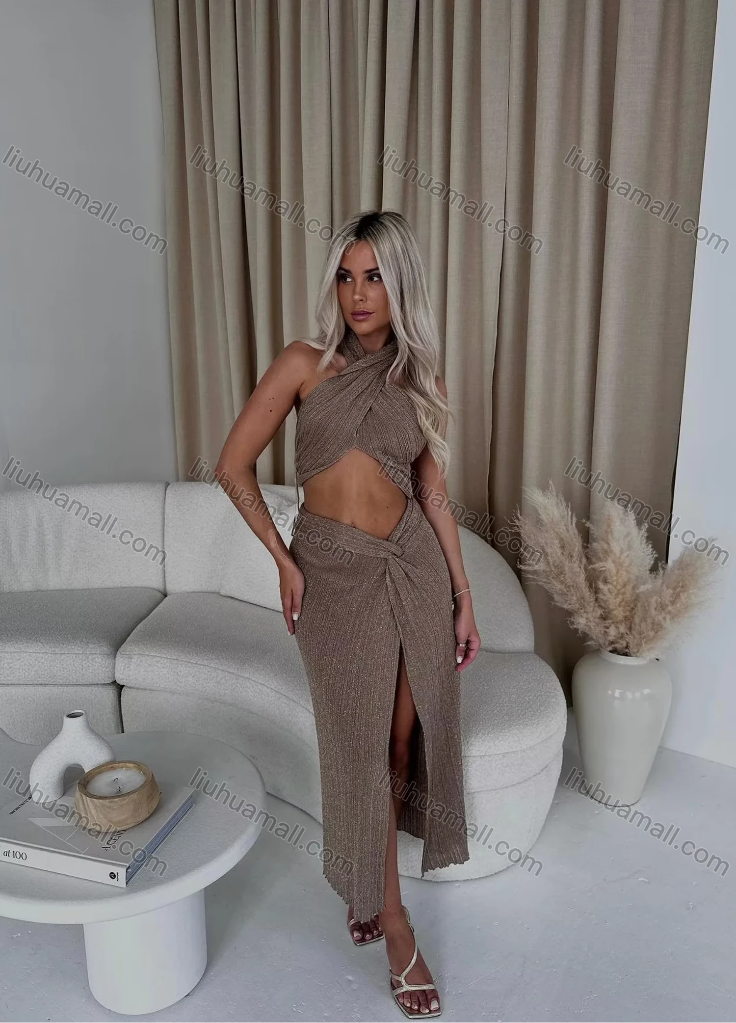 Wholesale Women's Sexy Cable Knit Criss Cross Crop Top & Split Thign Maxi Skirt Set - Liuhuamall