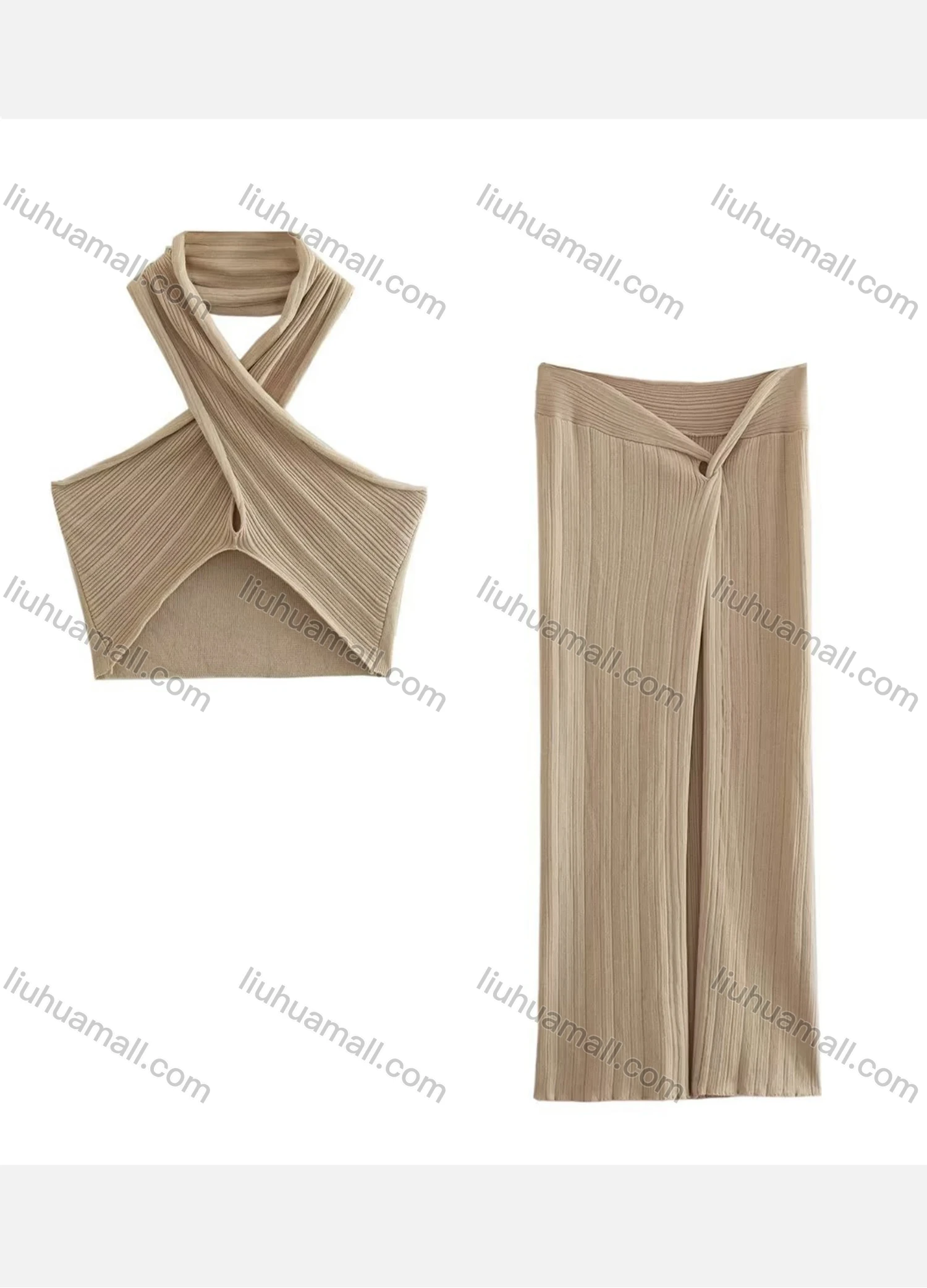 Wholesale Women's Sexy Cable Knit Criss Cross Crop Top & Split Thign Maxi Skirt Set - Liuhuamall