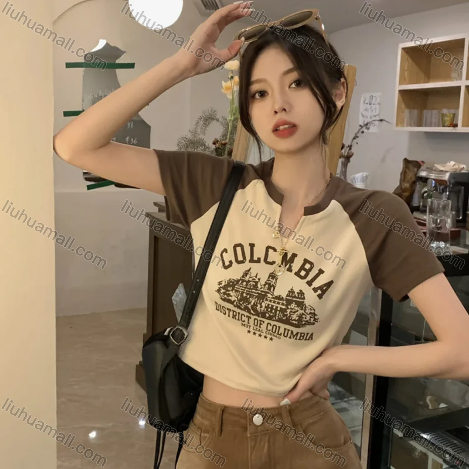 Wholesale Women's Casual Raglan Sleeve Notched Slim Fit Graphic Letter Print Crop Tee - Liuhuamall