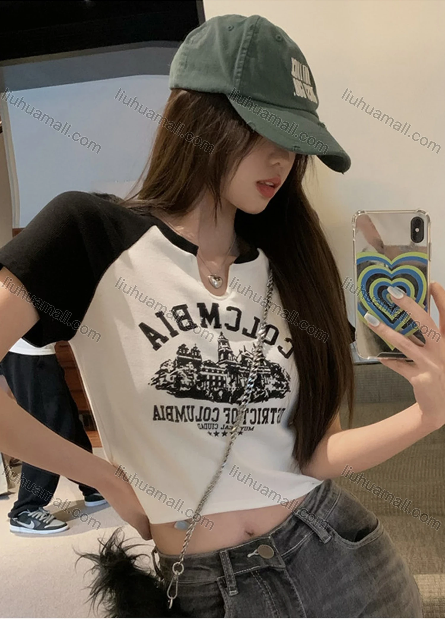 Wholesale Women's Casual Raglan Sleeve Notched Slim Fit Graphic Letter Print Crop Tee - Liuhuamall