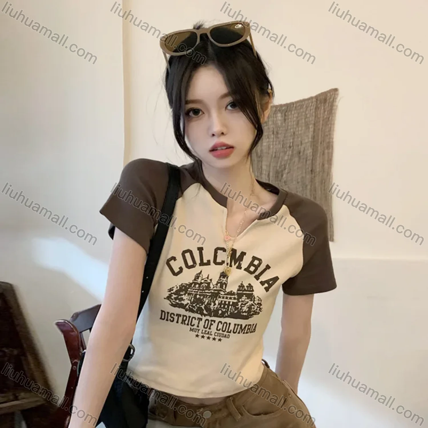 Wholesale Women's Casual Raglan Sleeve Notched Slim Fit Graphic Letter Print Crop Tee - Liuhuamall