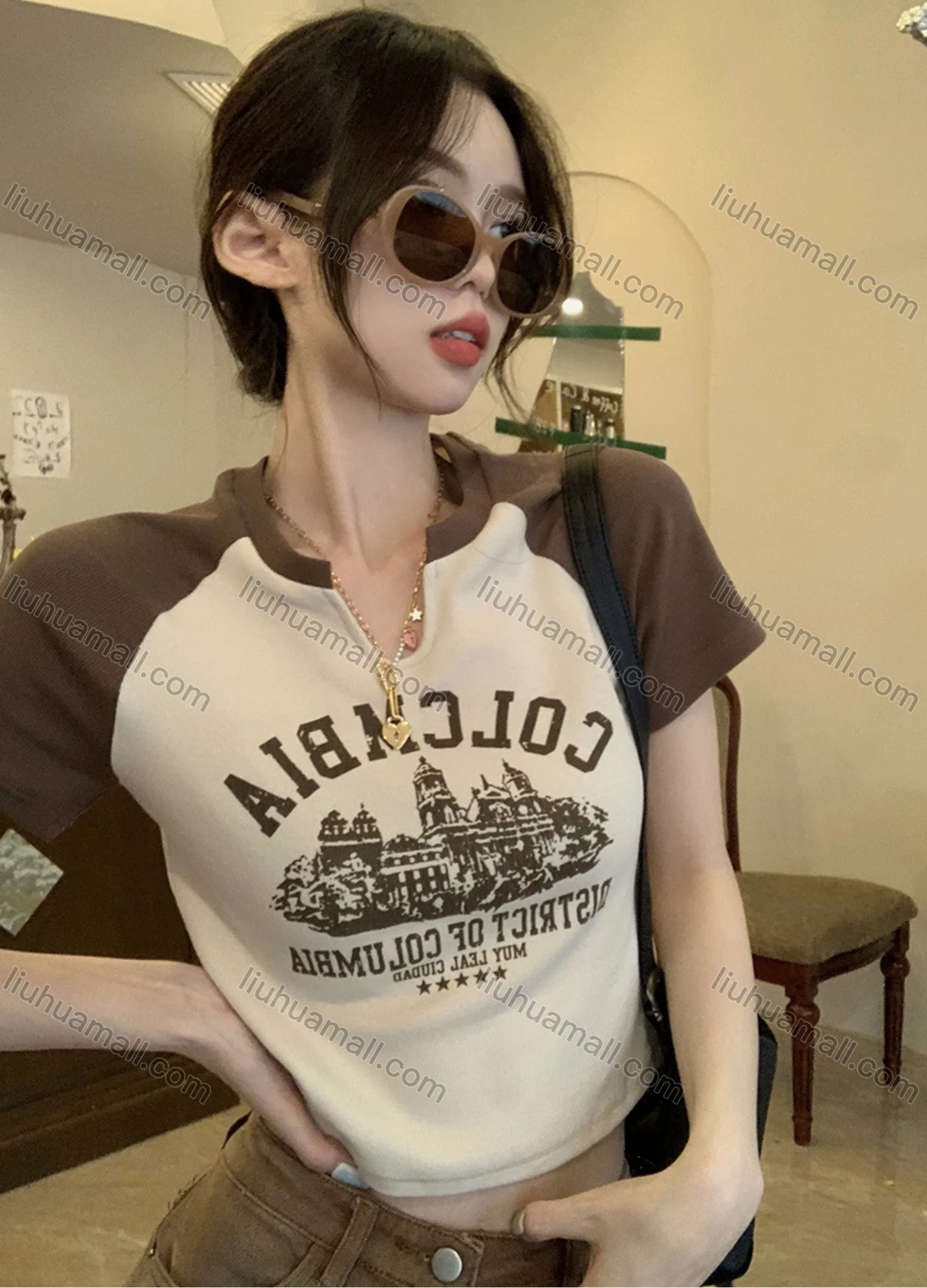 Wholesale Women's Casual Raglan Sleeve Notched Slim Fit Graphic Letter Print Crop Tee - Liuhuamall