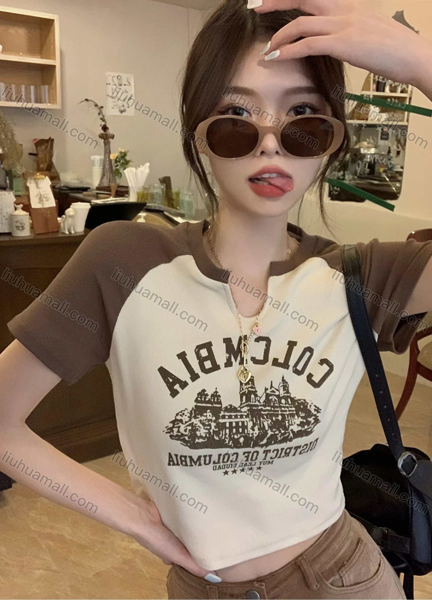 Wholesale Women's Casual Raglan Sleeve Notched Slim Fit Graphic Letter Print Crop Tee - Liuhuamall