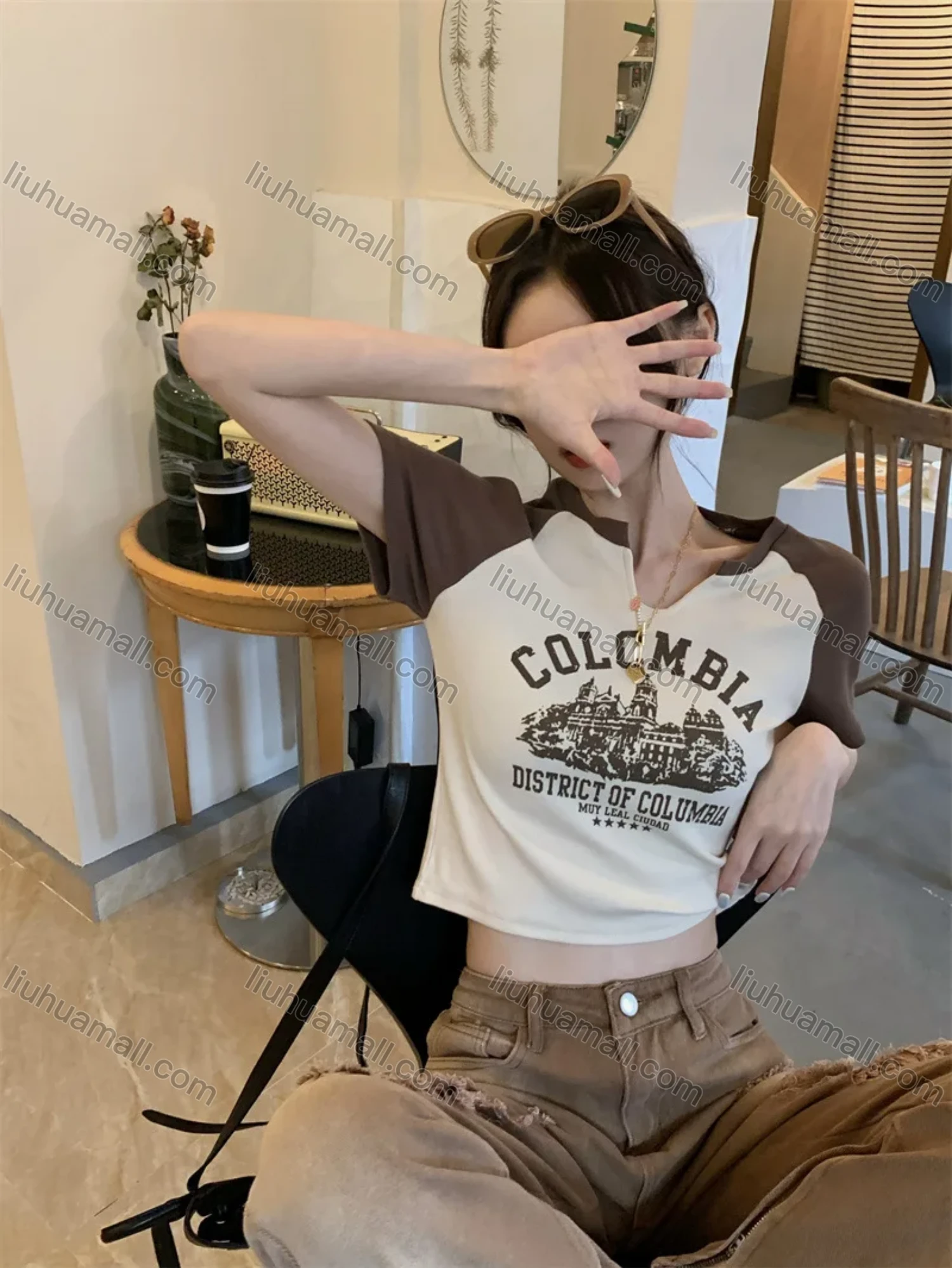 Wholesale Women's Casual Raglan Sleeve Notched Slim Fit Graphic Letter Print Crop Tee - Liuhuamall