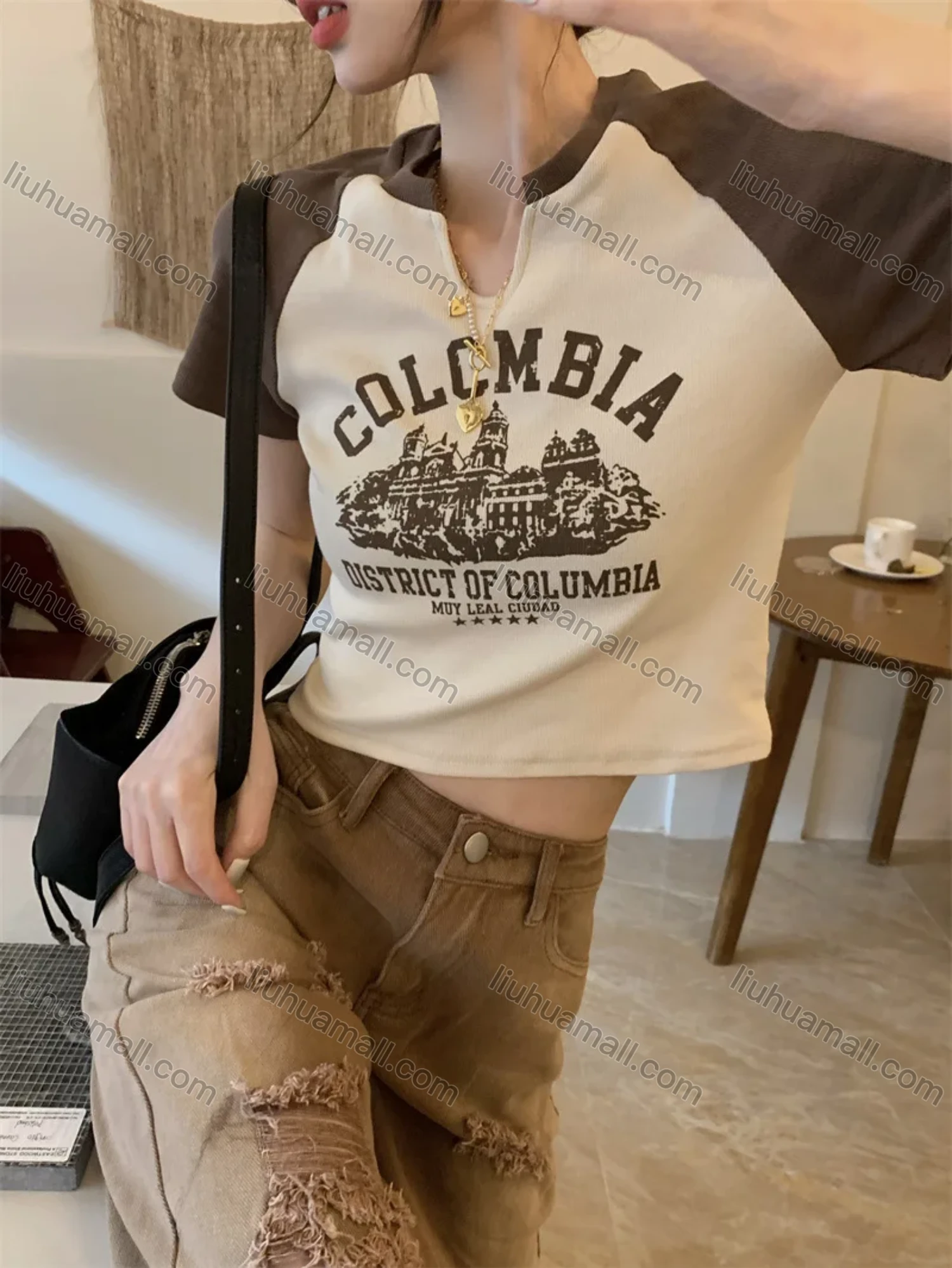 Wholesale Women's Casual Raglan Sleeve Notched Slim Fit Graphic Letter Print Crop Tee - Liuhuamall