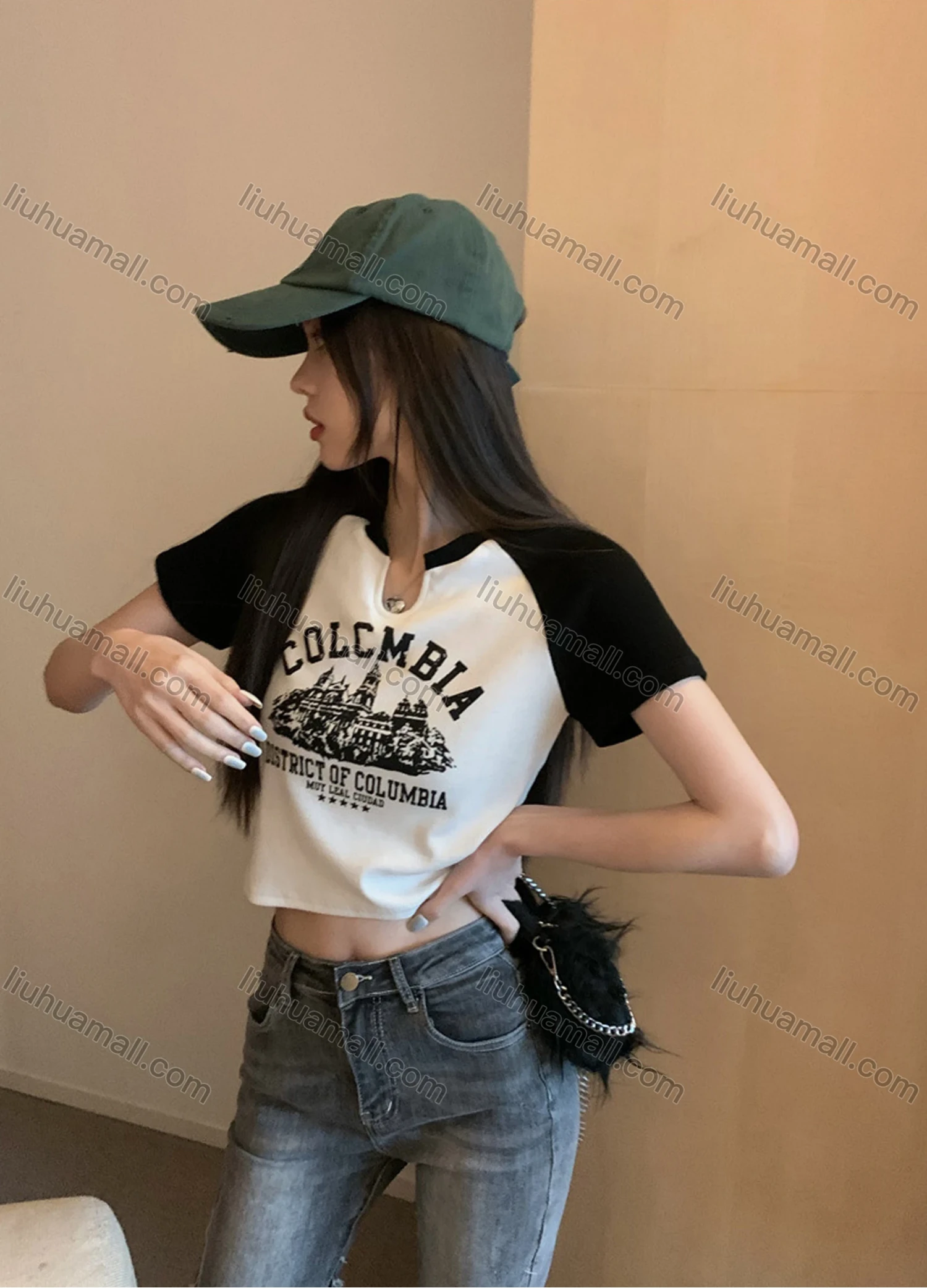 Wholesale Women's Casual Raglan Sleeve Notched Slim Fit Graphic Letter Print Crop Tee - Liuhuamall