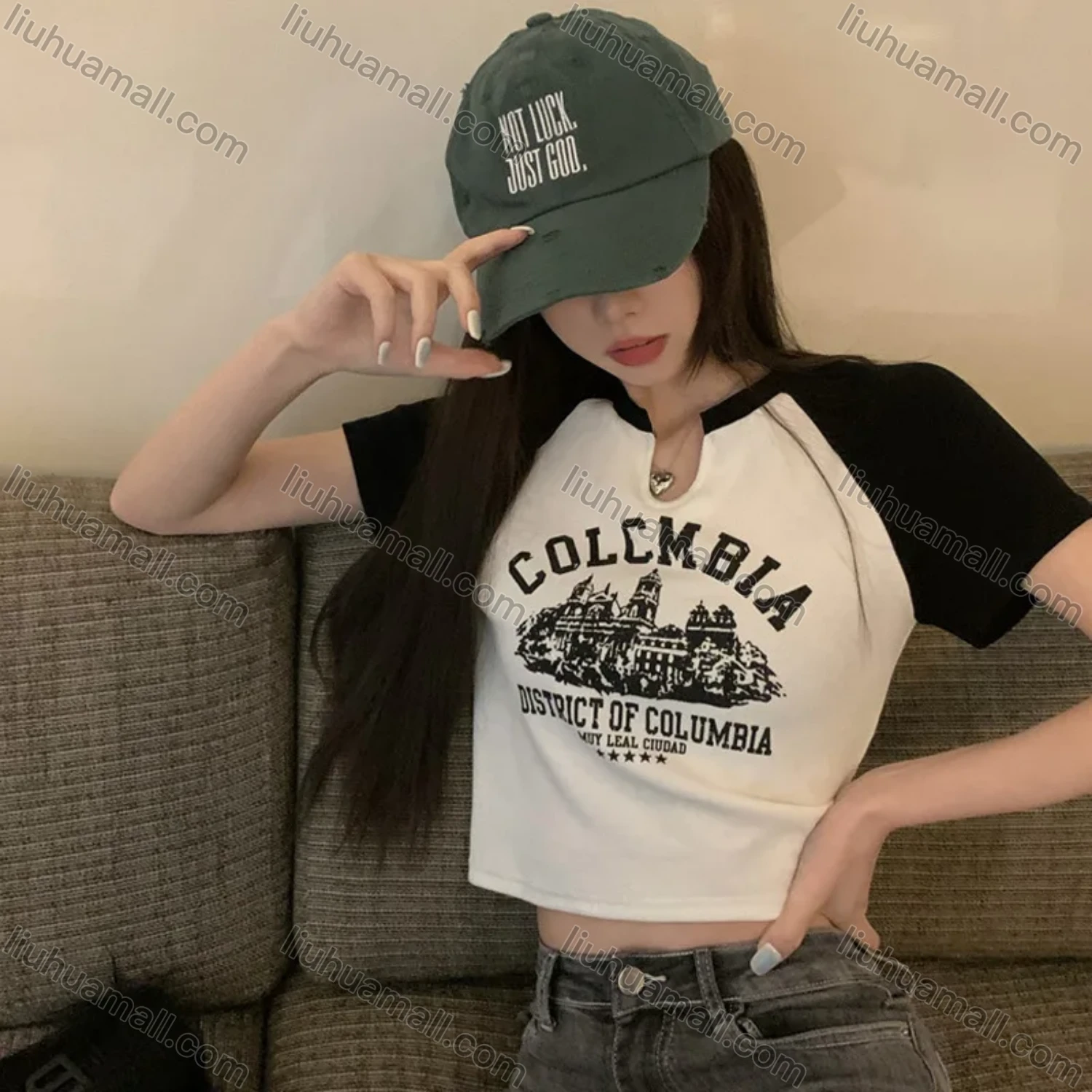 Wholesale Women's Casual Raglan Sleeve Notched Slim Fit Graphic Letter Print Crop Tee - Liuhuamall