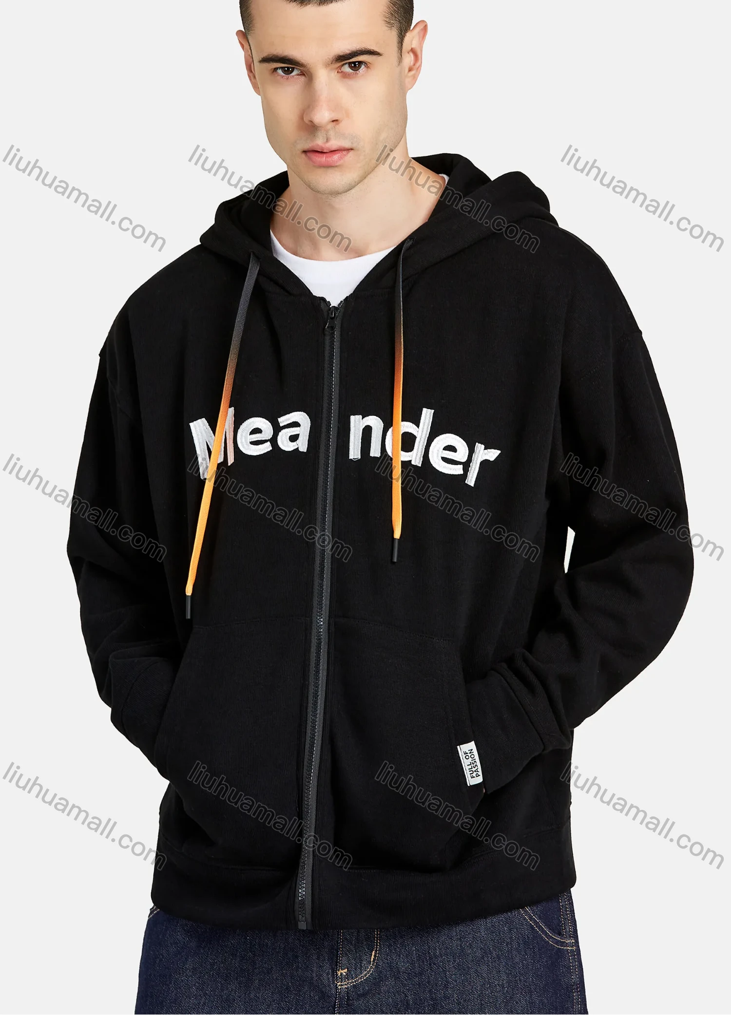 Wholesale Men's Embroidered Letters Gradient Drawstring Zip Up Casual Hoodie Sweatshirt With Kangaroo Pocket - Liuhuamall