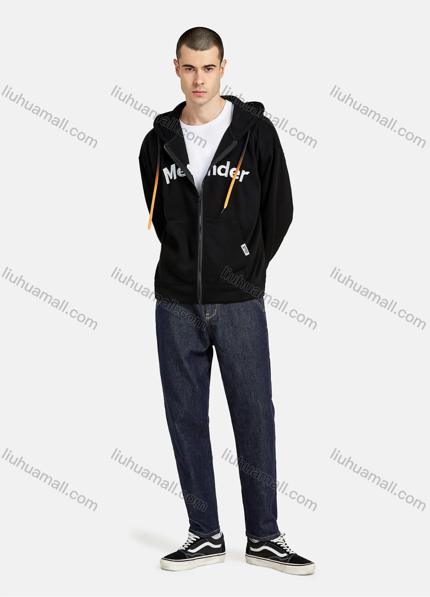 Wholesale Men's Embroidered Letters Gradient Drawstring Zip Up Casual Hoodie Sweatshirt With Kangaroo Pocket - Liuhuamall