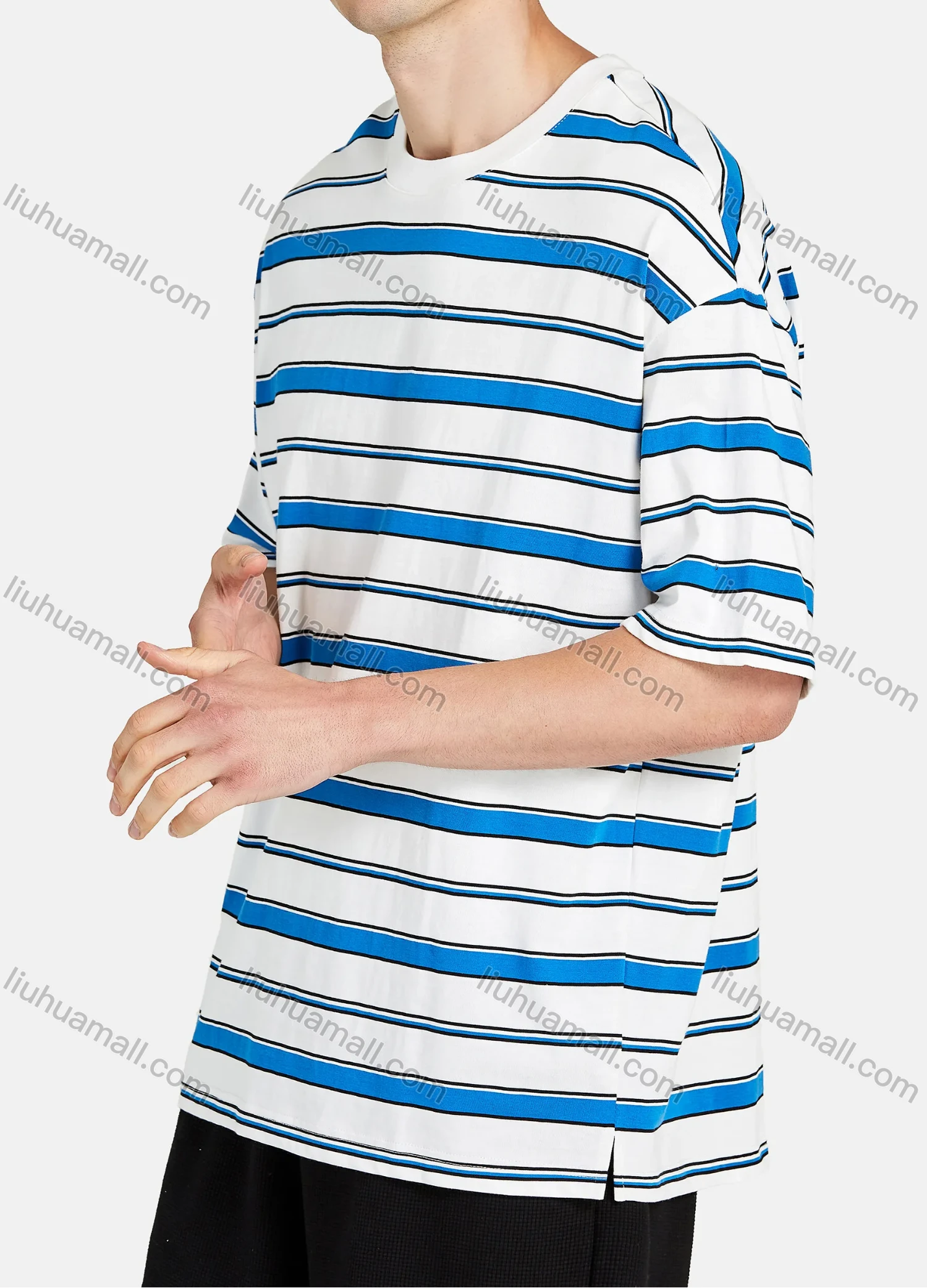 Wholesale Men's Loose Fit Drop Shoulder Comfort Crew Neck Short Sleeve Striped Casual T Shirt - Liuhuamall