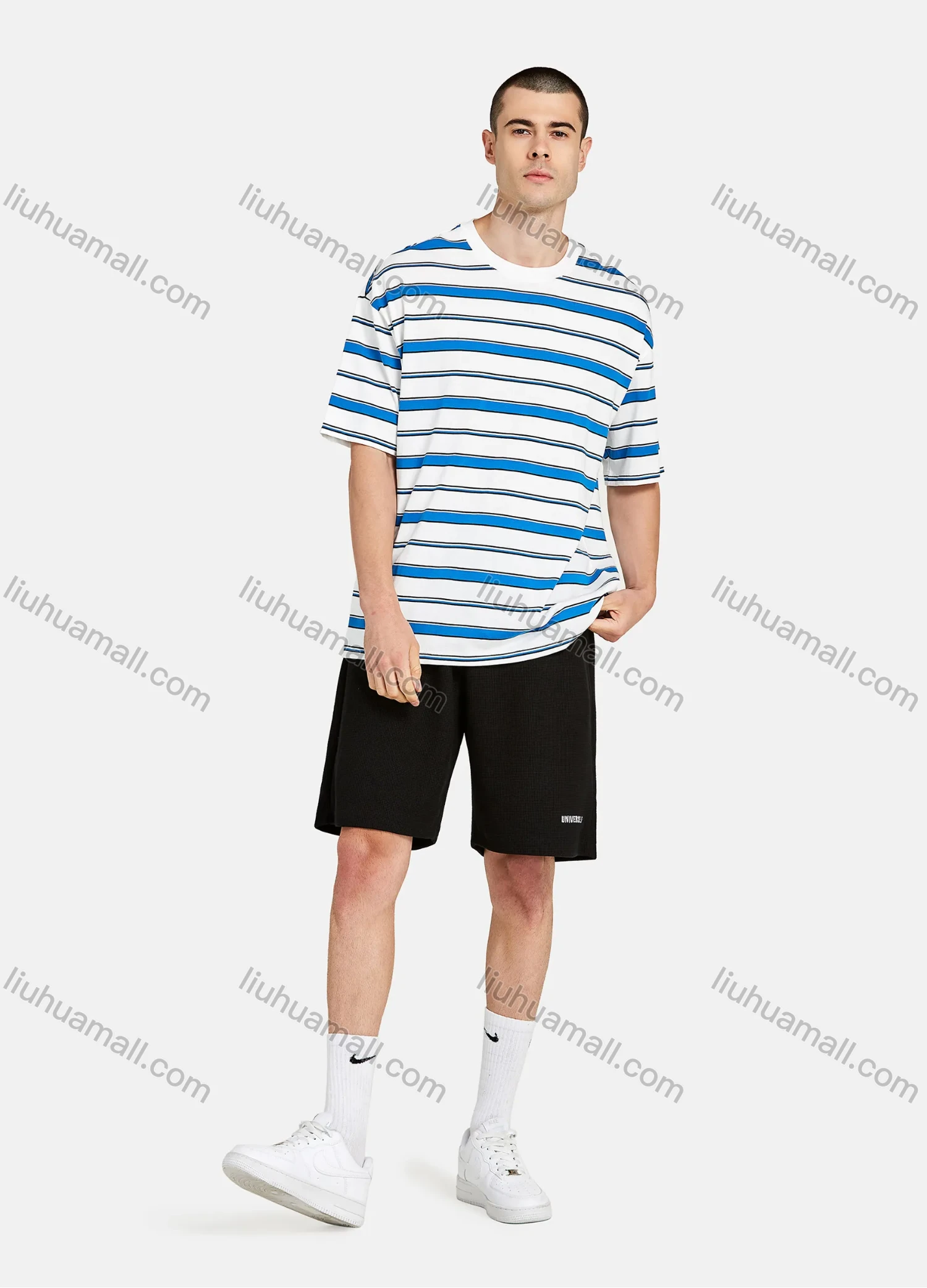 Wholesale Men's Loose Fit Drop Shoulder Comfort Crew Neck Short Sleeve Striped Casual T Shirt - Liuhuamall