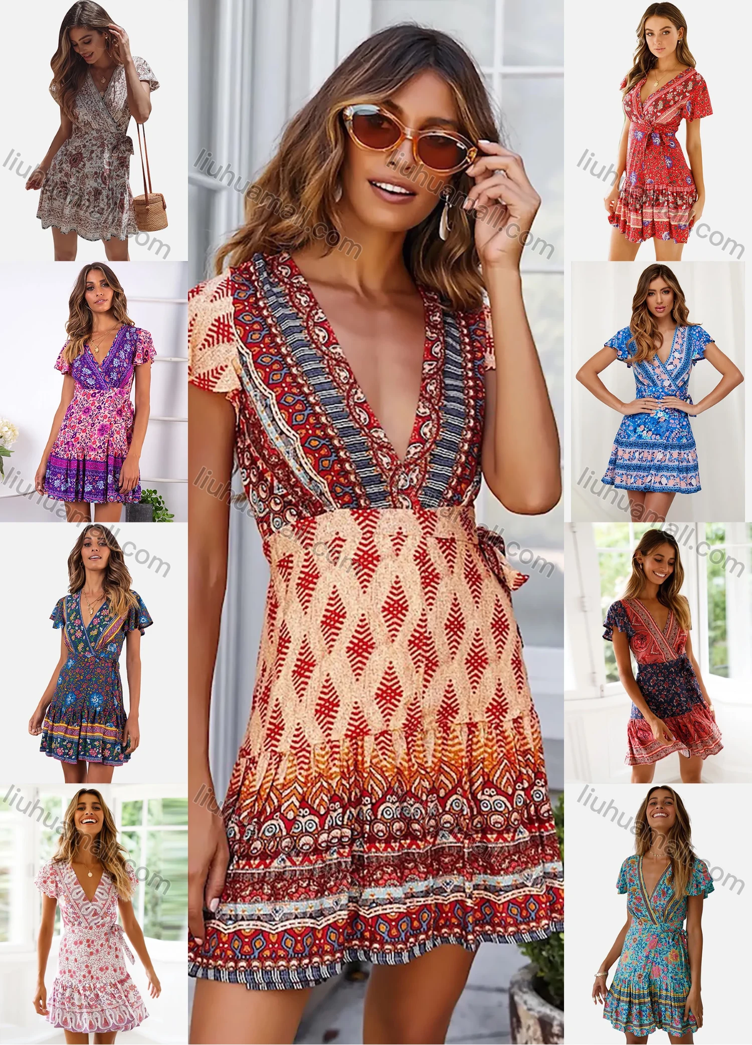 Wholesale Women's Casual Vintage Print Wrap V Neck Ruffle Sleeve Tie Side Short Dress - Liuhuamall