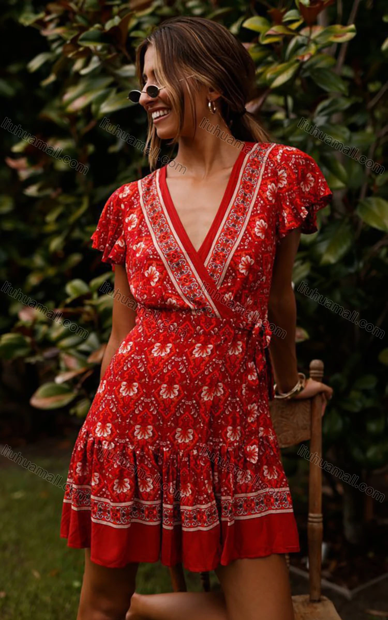 Wholesale Women's Casual Vintage Print Wrap V Neck Ruffle Sleeve Tie Side Short Dress - Liuhuamall