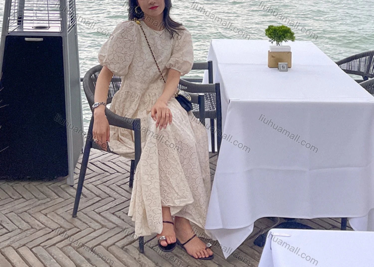 Wholesale Women's Casual Plain Cut Out Round Neck Puff Sleeve Ruffle Hem Maxi Dress - Liuhuamall