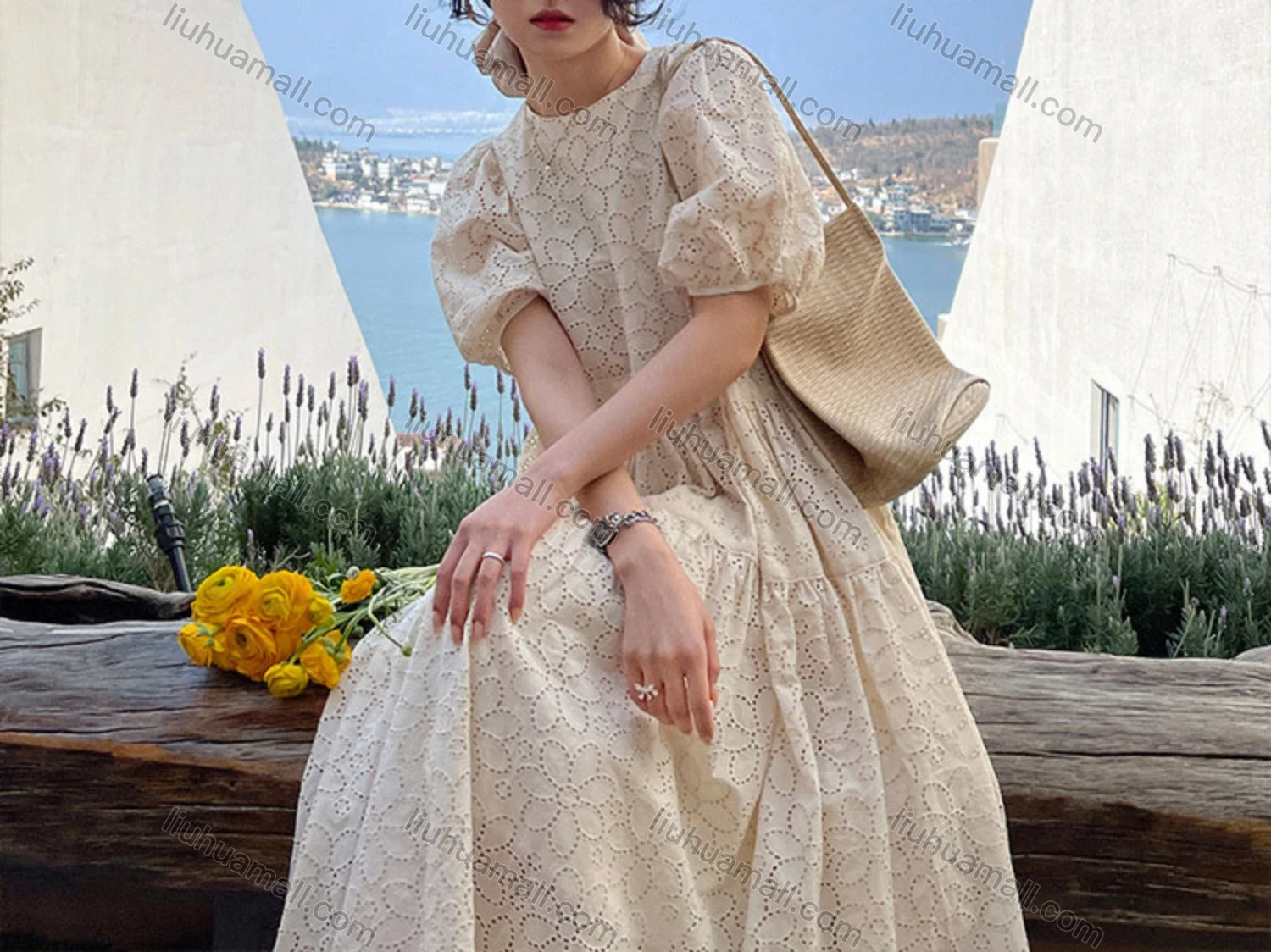 Wholesale Women's Casual Plain Cut Out Round Neck Puff Sleeve Ruffle Hem Maxi Dress - Liuhuamall