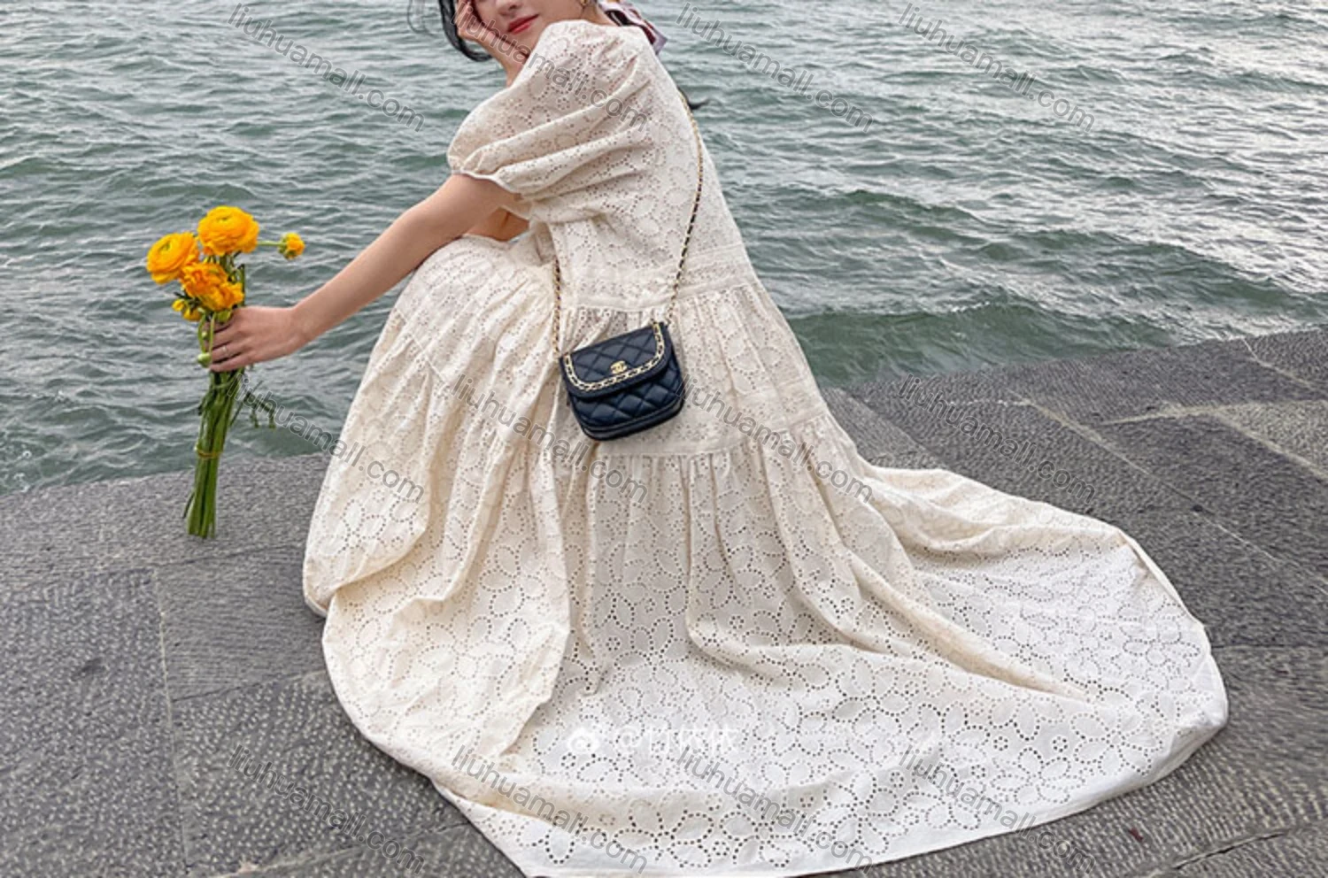 Wholesale Women's Casual Plain Cut Out Round Neck Puff Sleeve Ruffle Hem Maxi Dress - Liuhuamall