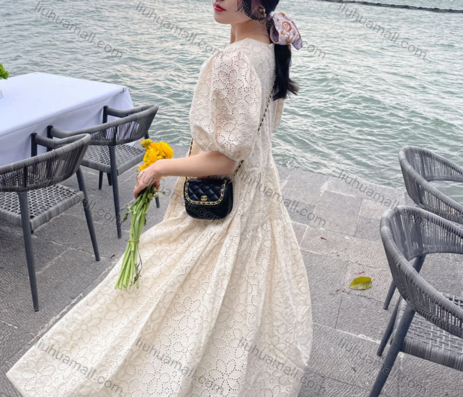 Wholesale Women's Casual Plain Cut Out Round Neck Puff Sleeve Ruffle Hem Maxi Dress - Liuhuamall