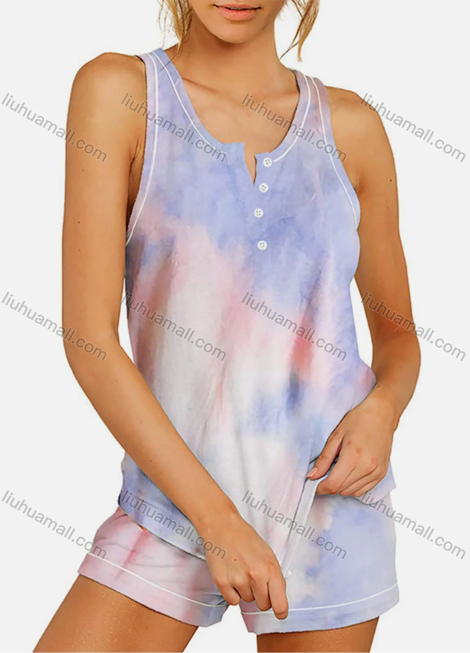 Wholesale Women's Casual Tie Dye Notched Neck Button Tank Top & Drawstring Shorts Set - Liuhuamall