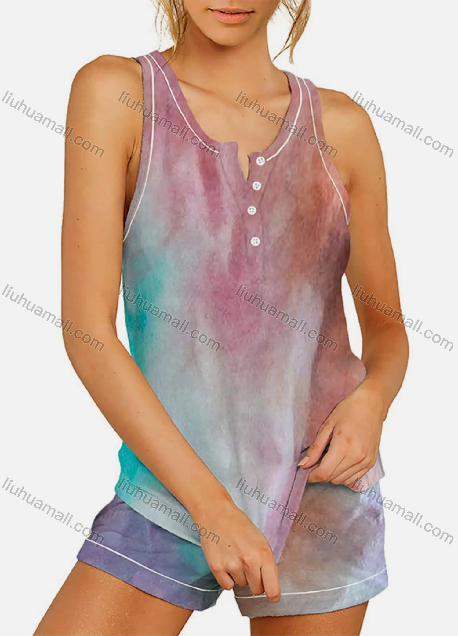 Wholesale Women's Casual Tie Dye Notched Neck Button Tank Top & Drawstring Shorts Set - Liuhuamall