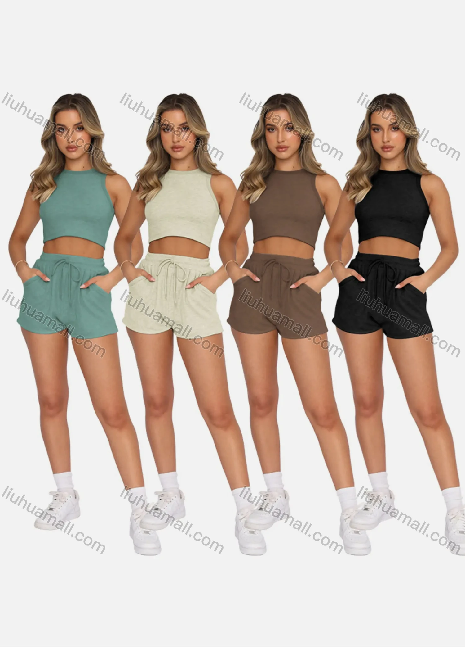 Wholesale Women's Casual Plain Round Neck Crop Tank Top & Drawstring Pockets Short 2 Piece Set 211071# - Liuhuamall