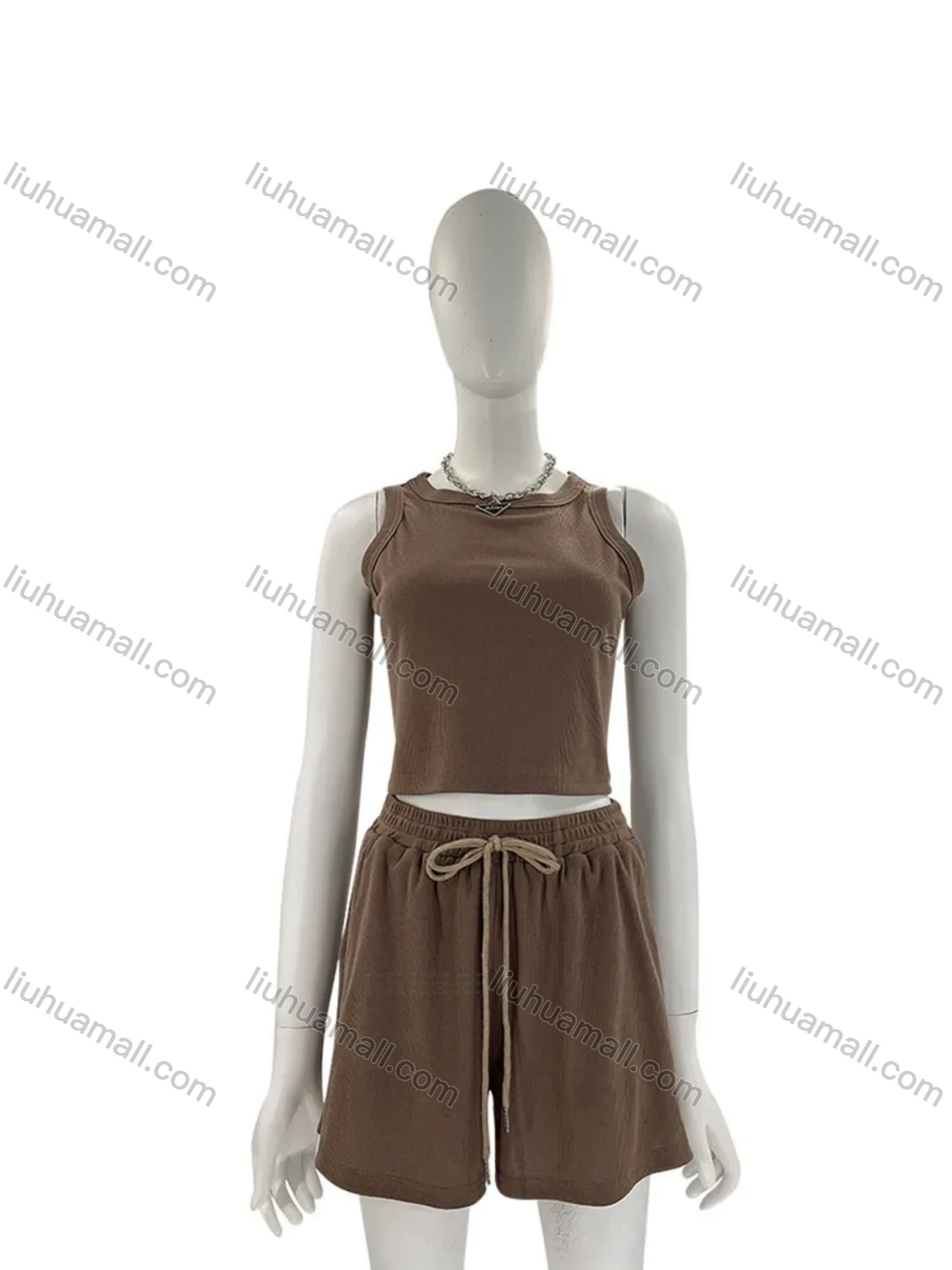 Wholesale Women's Casual Plain Round Neck Crop Tank Top & Drawstring Pockets Short 2 Piece Set 211071# - Liuhuamall