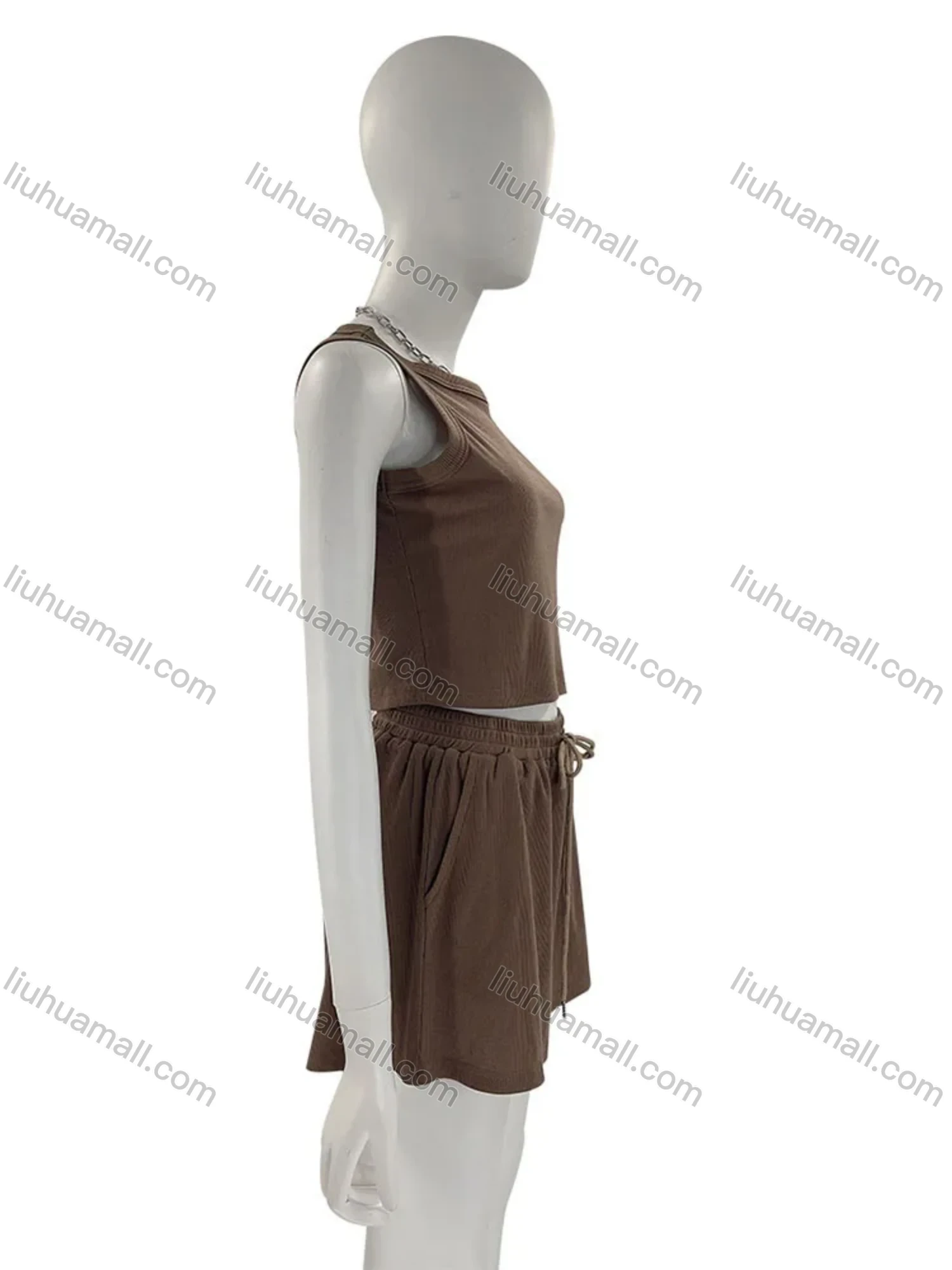 Wholesale Women's Casual Plain Round Neck Crop Tank Top & Drawstring Pockets Short 2 Piece Set 211071# - Liuhuamall