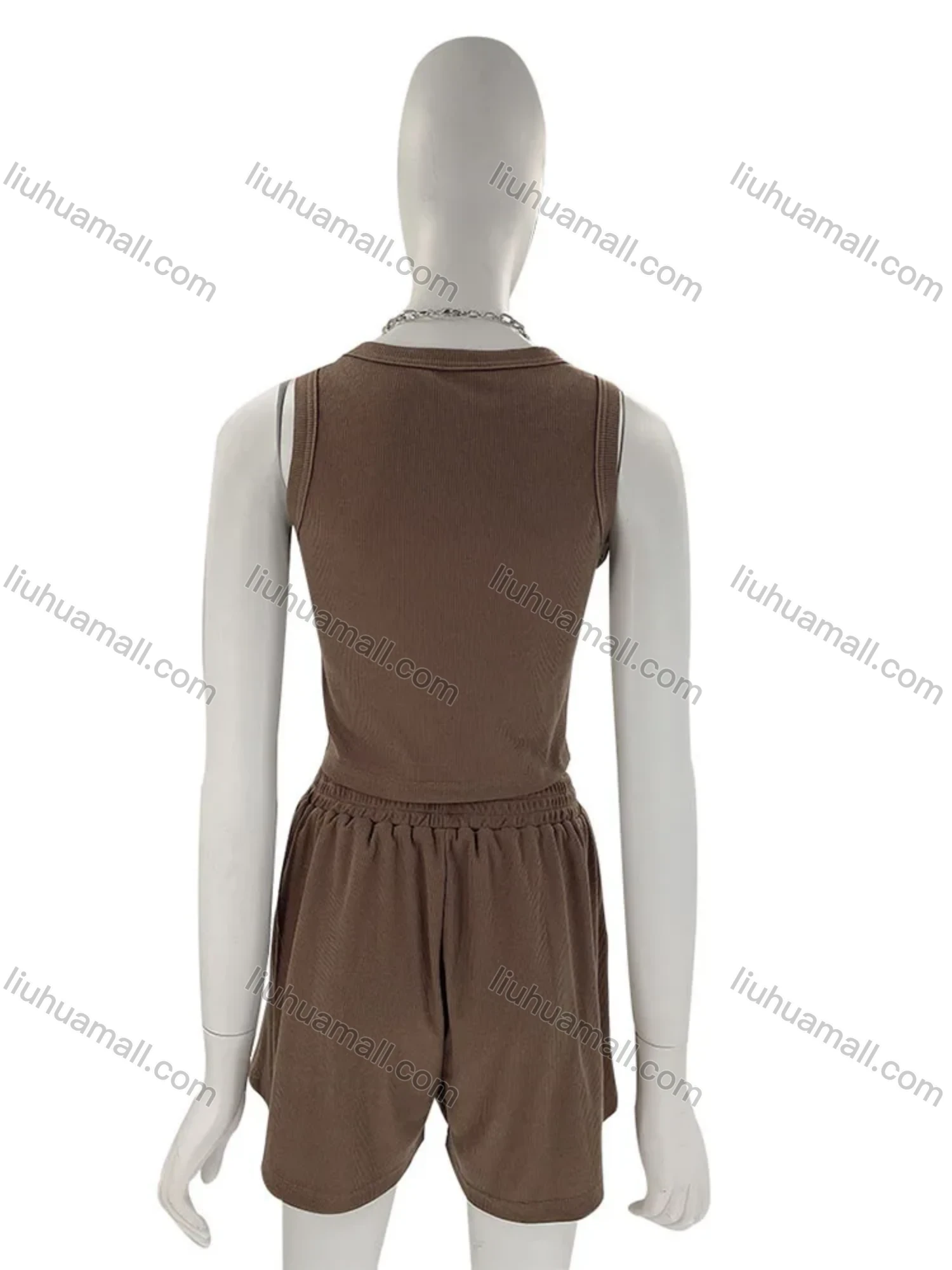 Wholesale Women's Casual Plain Round Neck Crop Tank Top & Drawstring Pockets Short 2 Piece Set 211071# - Liuhuamall